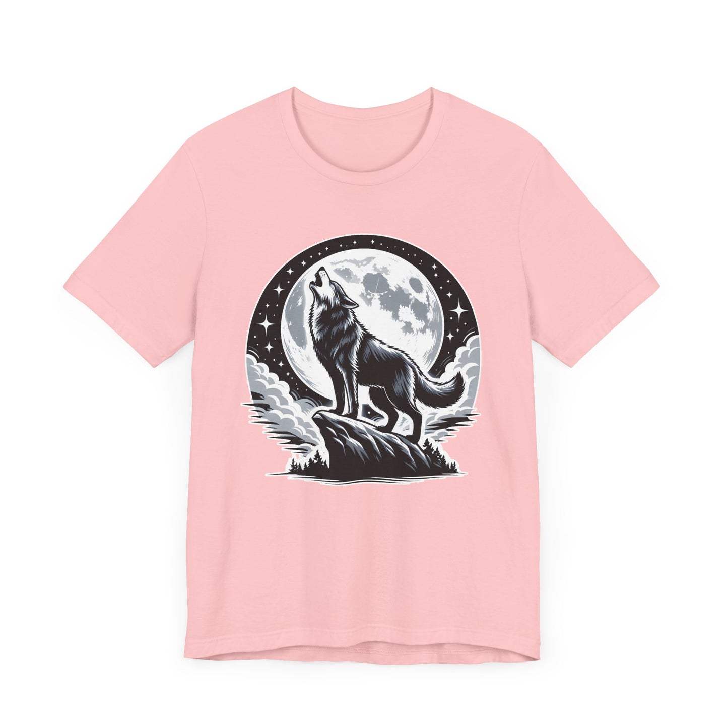 Mystical and Wild - Wolf Howling on Mountain Edge with Full Moon and Stars Graphic T-Shirt