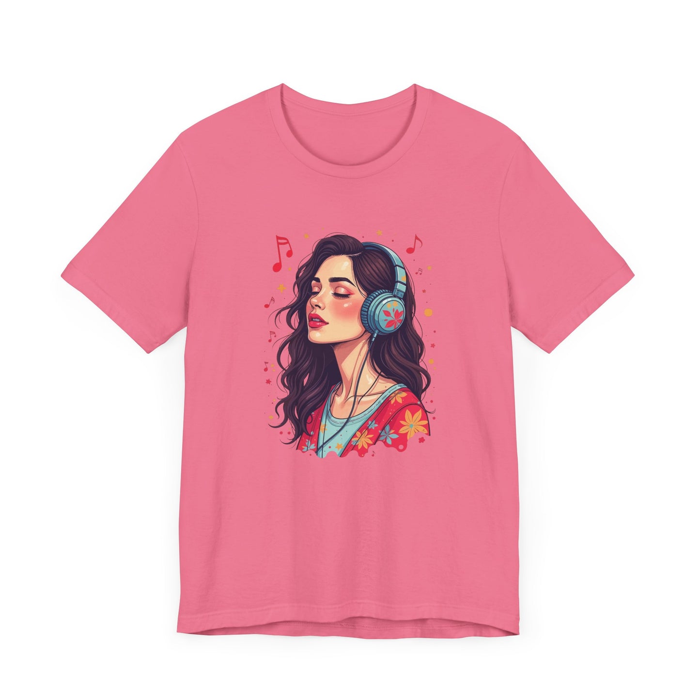 Quietly Loud – Woman with Headphones, Leaf Pattern Dress & Expressive Music Notes Graphic T-Shirt