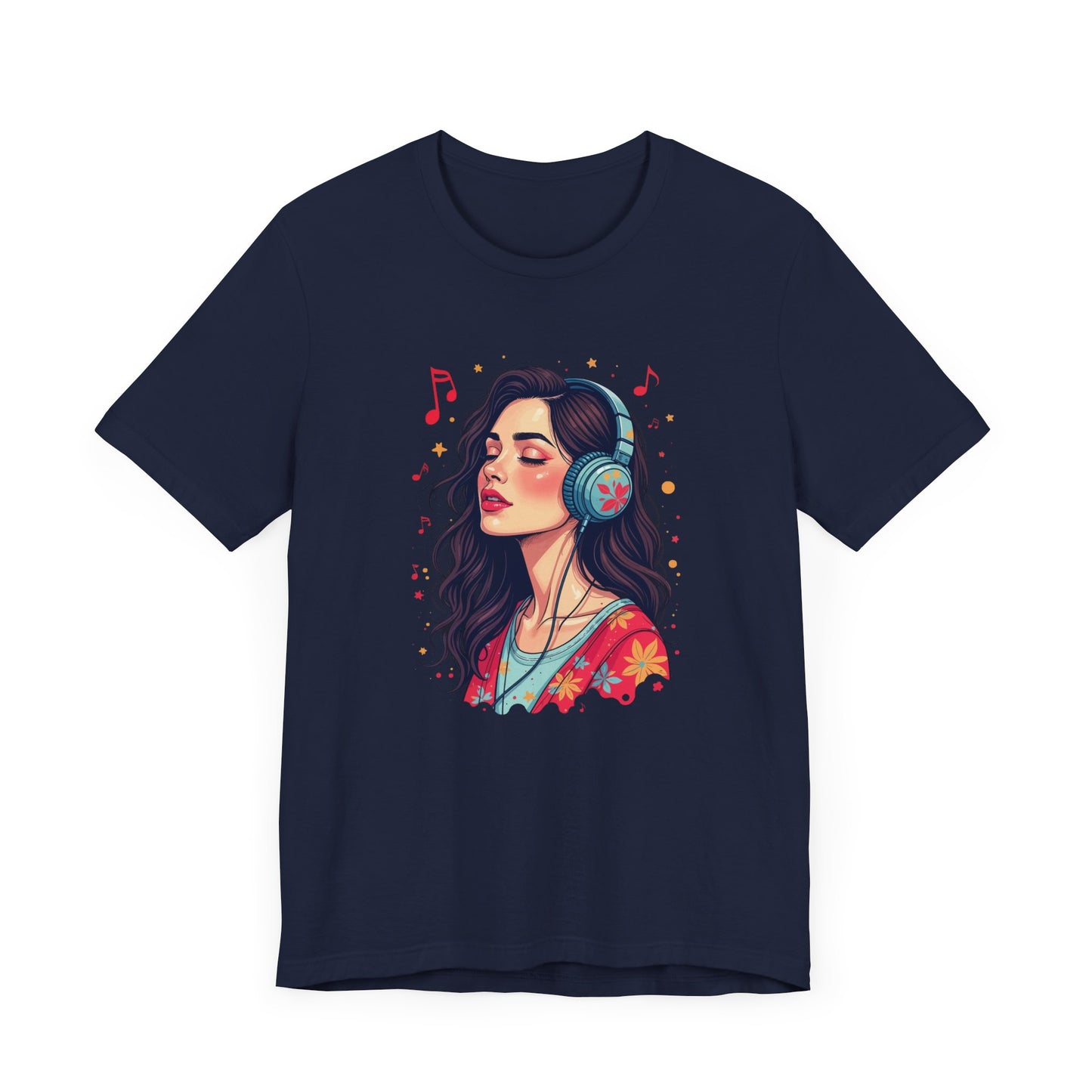 Quietly Loud – Woman with Headphones, Leaf Pattern Dress & Expressive Music Notes Graphic T-Shirt
