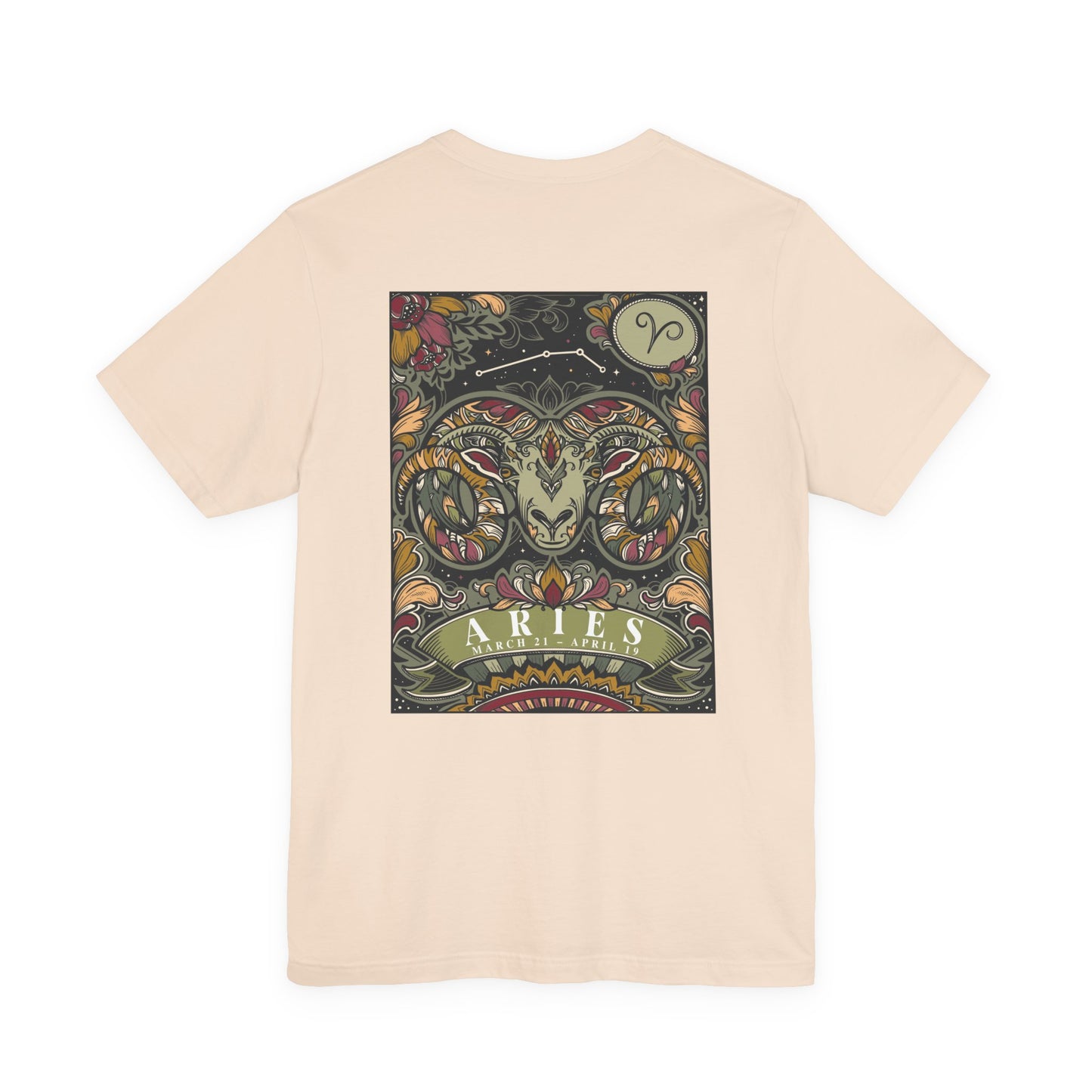 Aries Zodiac T-Shirt – Ram Head with Constellation and Floral Background