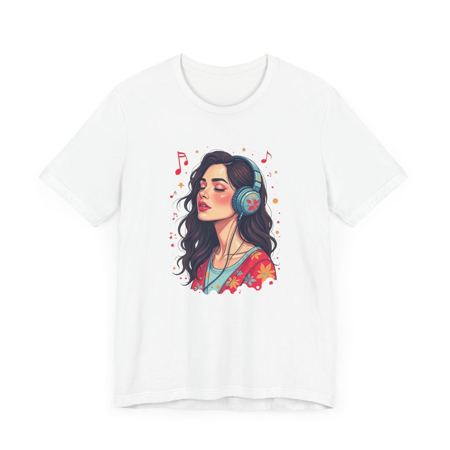 Quietly Loud – Woman with Headphones, Leaf Pattern Dress & Expressive Music Notes Graphic T-Shirt