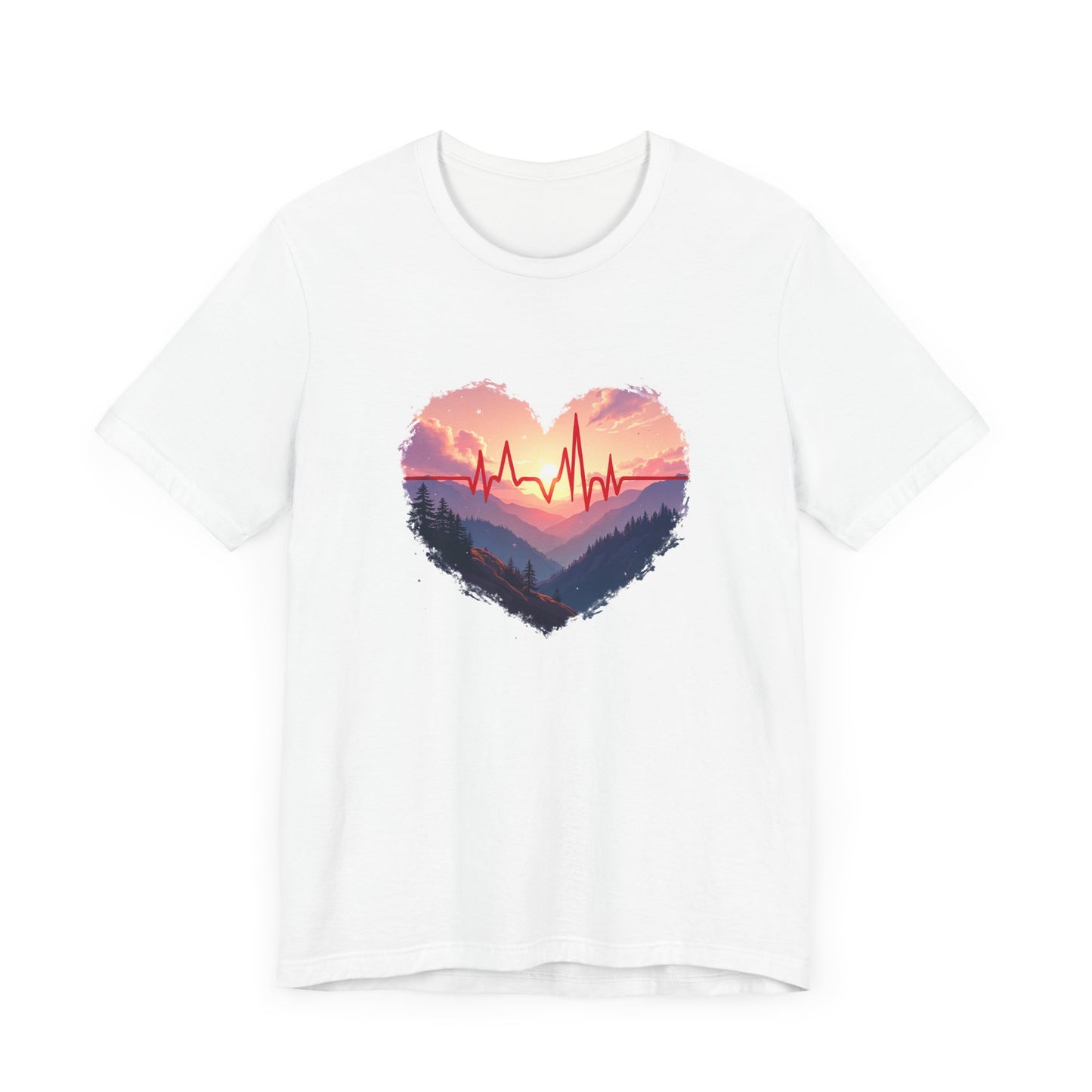 Heart-Shaped Majestic Mountains Landscape with Bold Red Lifeline Graphic T-Shirt