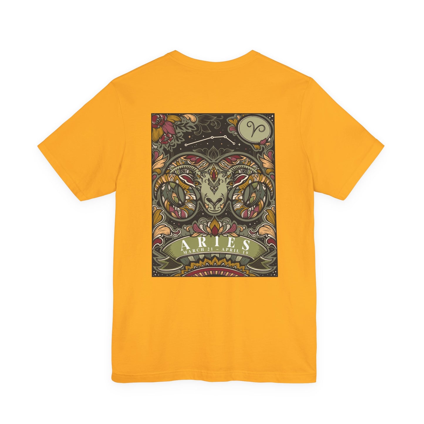 Aries Zodiac T-Shirt – Ram Head with Constellation and Floral Background