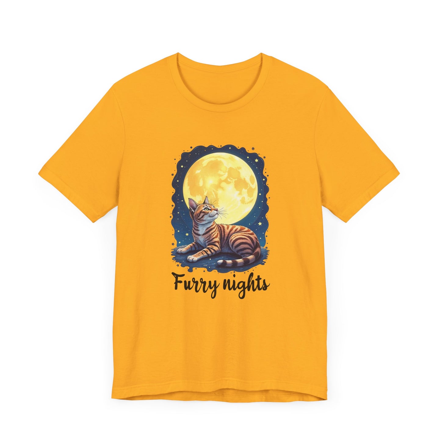 Moon Bath - Furry Nights – Cat Watching Full Moon and Starry Sky Graphic T-Shirt