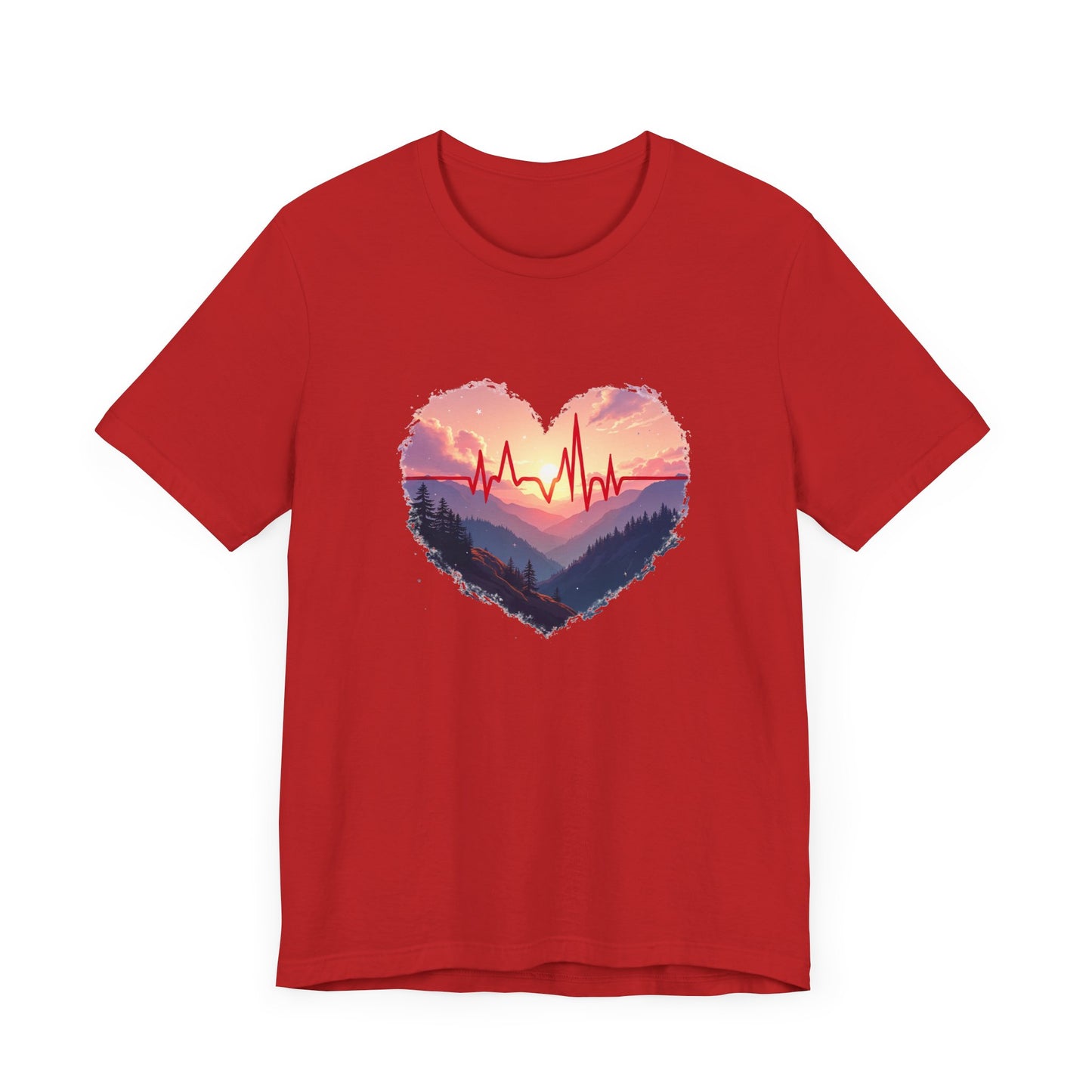 Heart-Shaped Majestic Mountains Landscape with Bold Red Lifeline Graphic T-Shirt