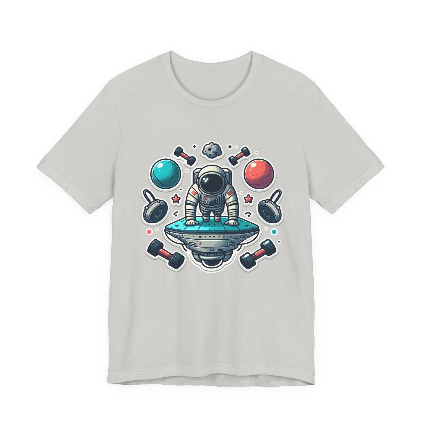 Rocket Science is My Cardio - Astronaut Doing Pushups Tshirt – Space Workout with Gadgets, Planets, and Dumbbells