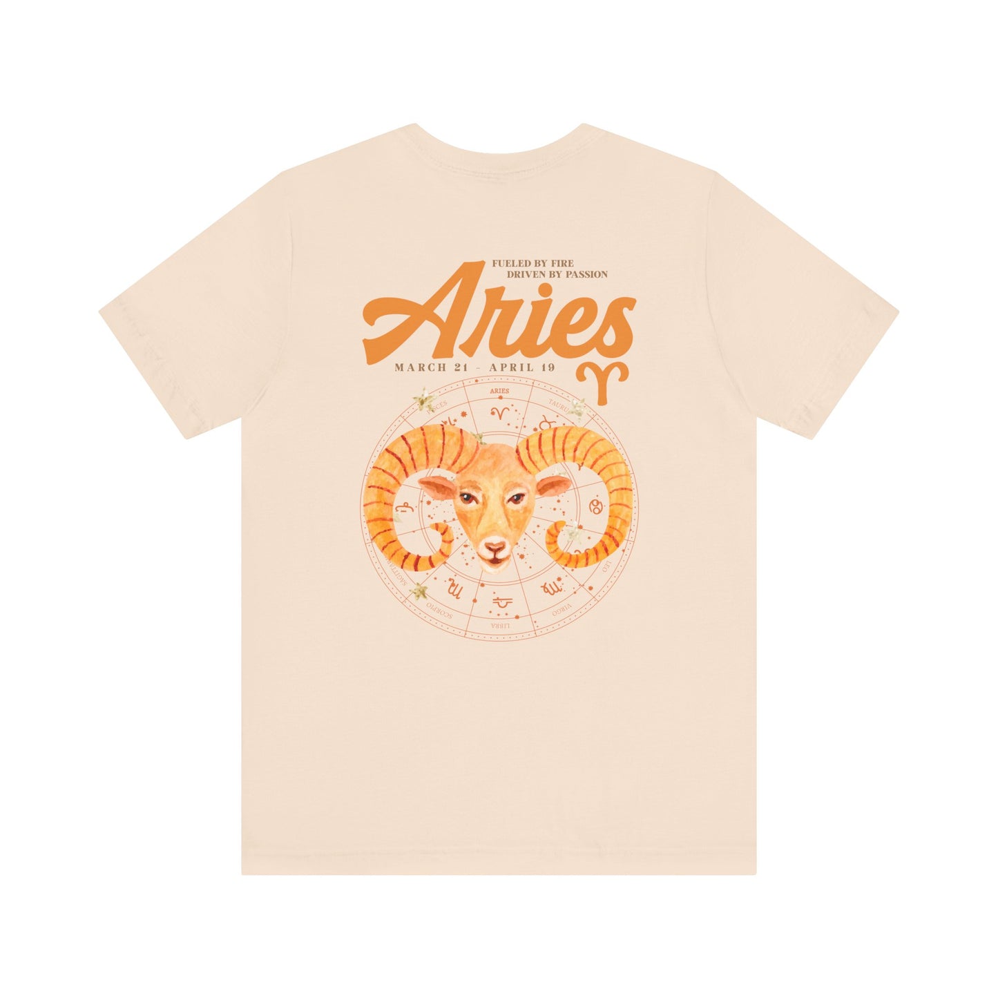 Aries Fueled by Fire T-Shirt – Ram Head with Zodiac Astrological Wheel