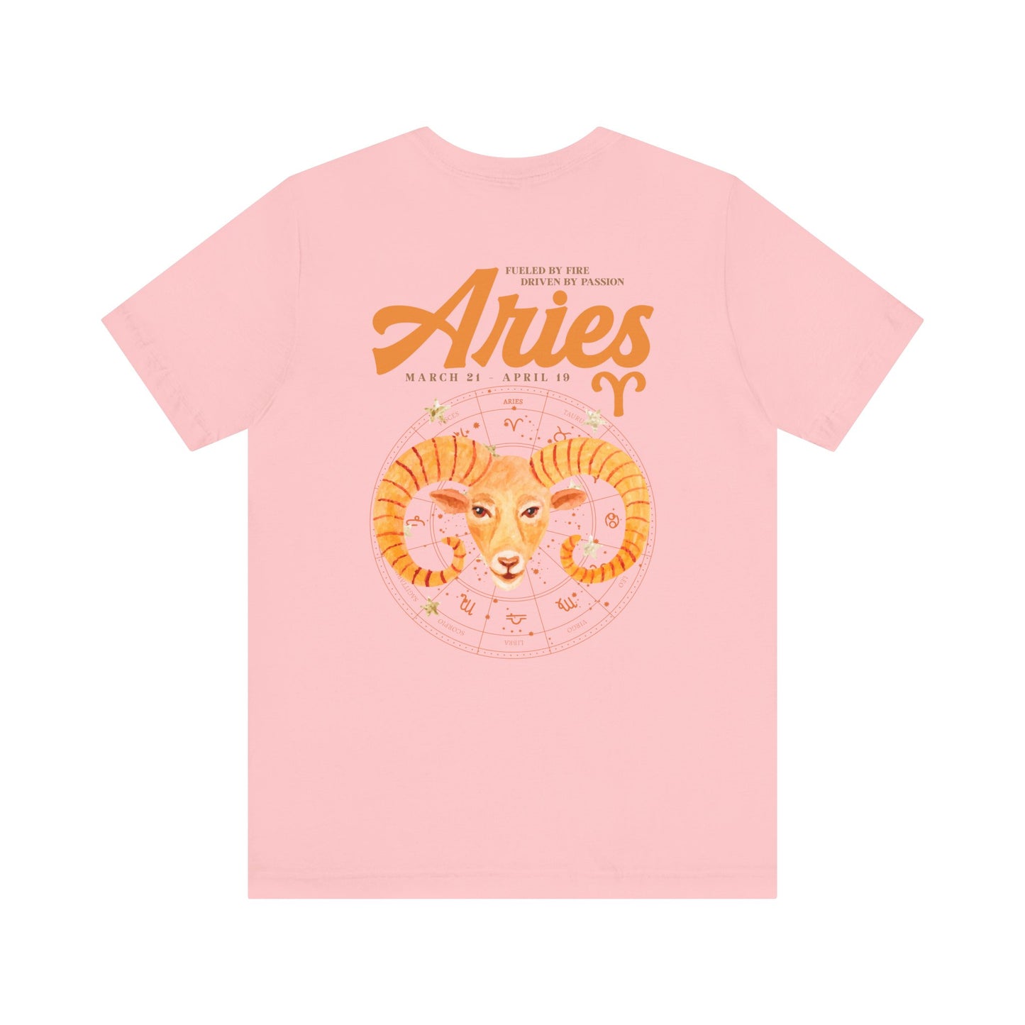 Aries Fueled by Fire T-Shirt – Ram Head with Zodiac Astrological Wheel