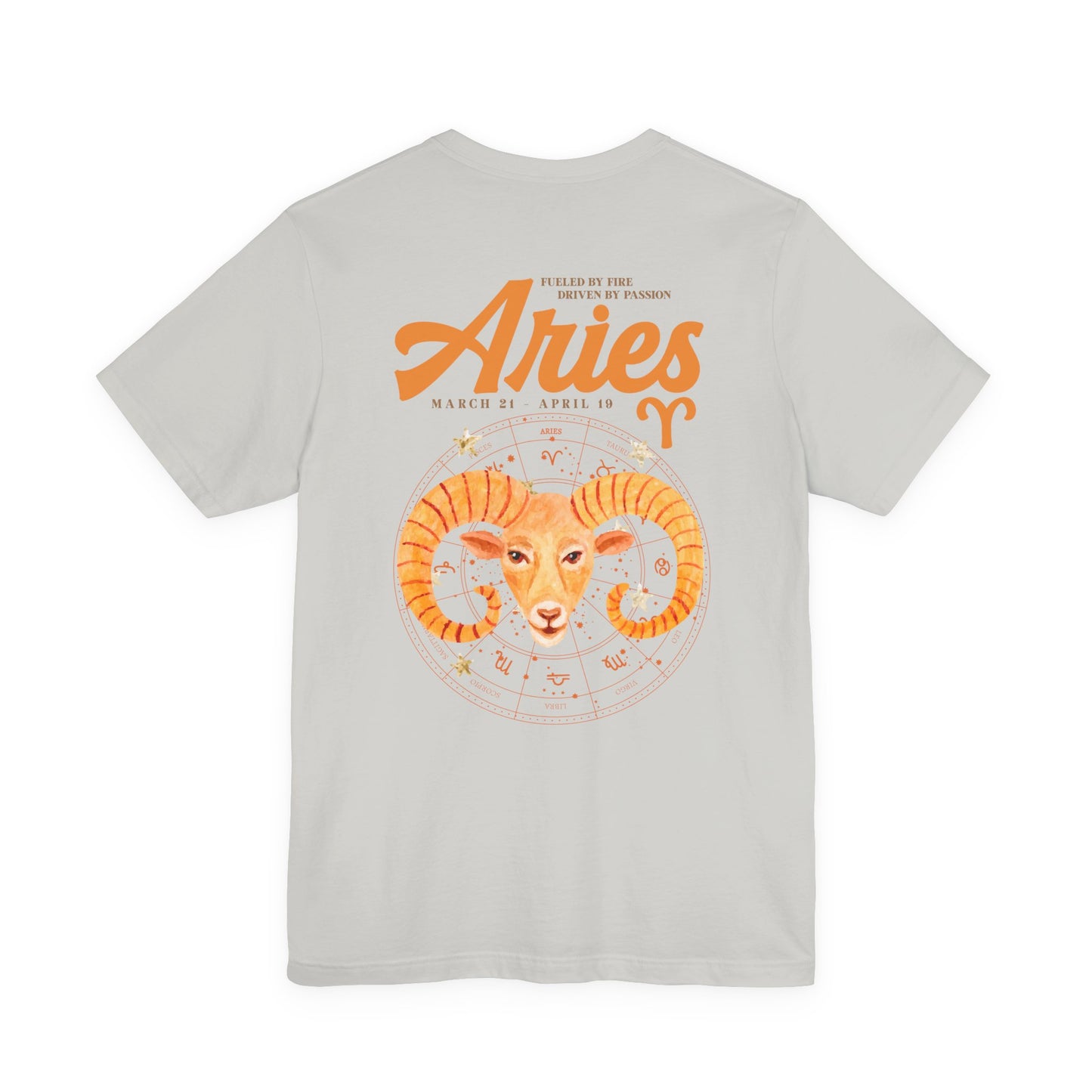 Aries Fueled by Fire T-Shirt – Ram Head with Zodiac Astrological Wheel