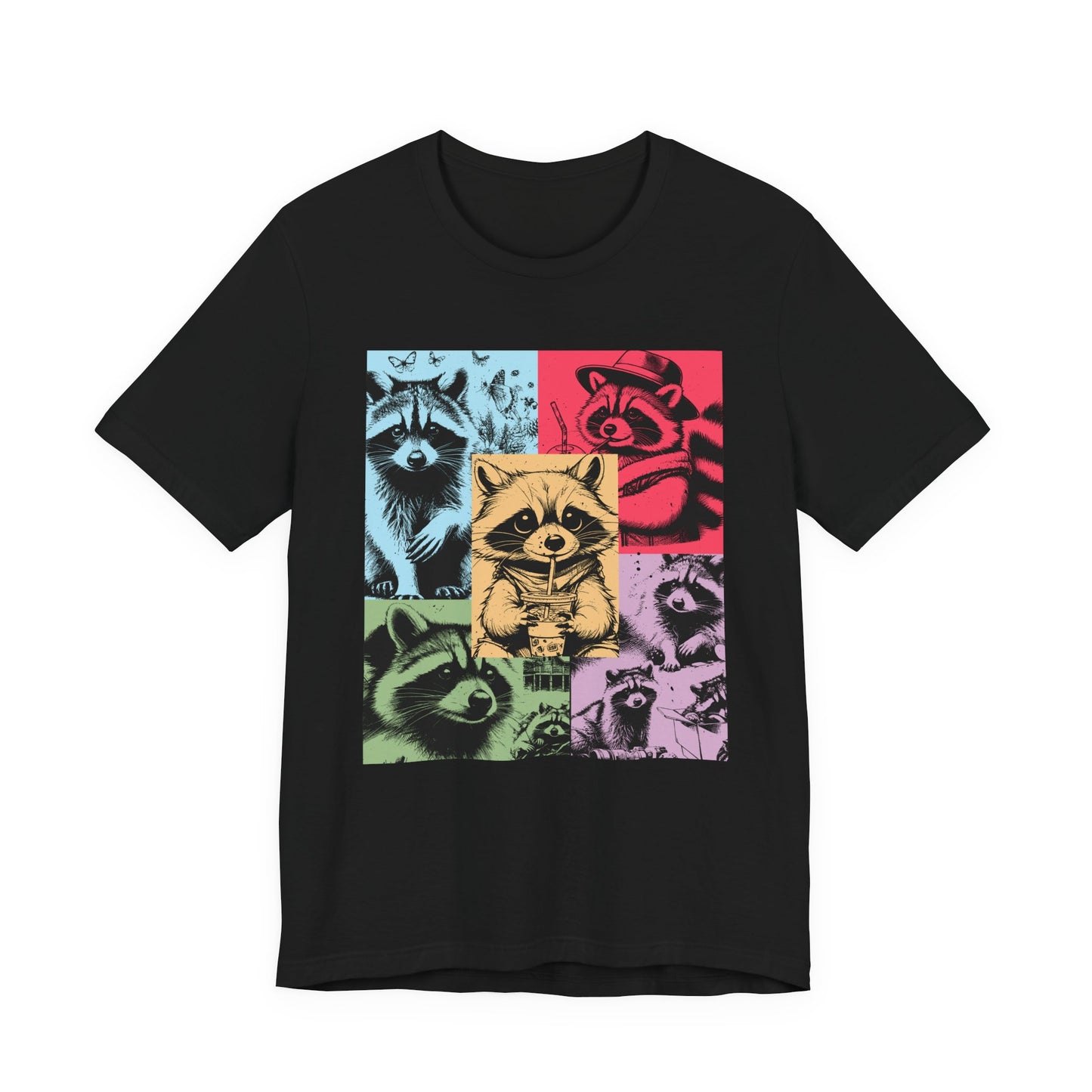 Colorful Raccoons T-Shirt – Playful Multi-Color Raccoons with Sipping Raccoon Graphic