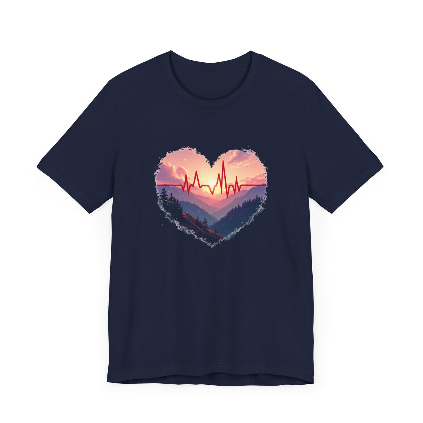 Heart-Shaped Majestic Mountains Landscape with Bold Red Lifeline Graphic T-Shirt
