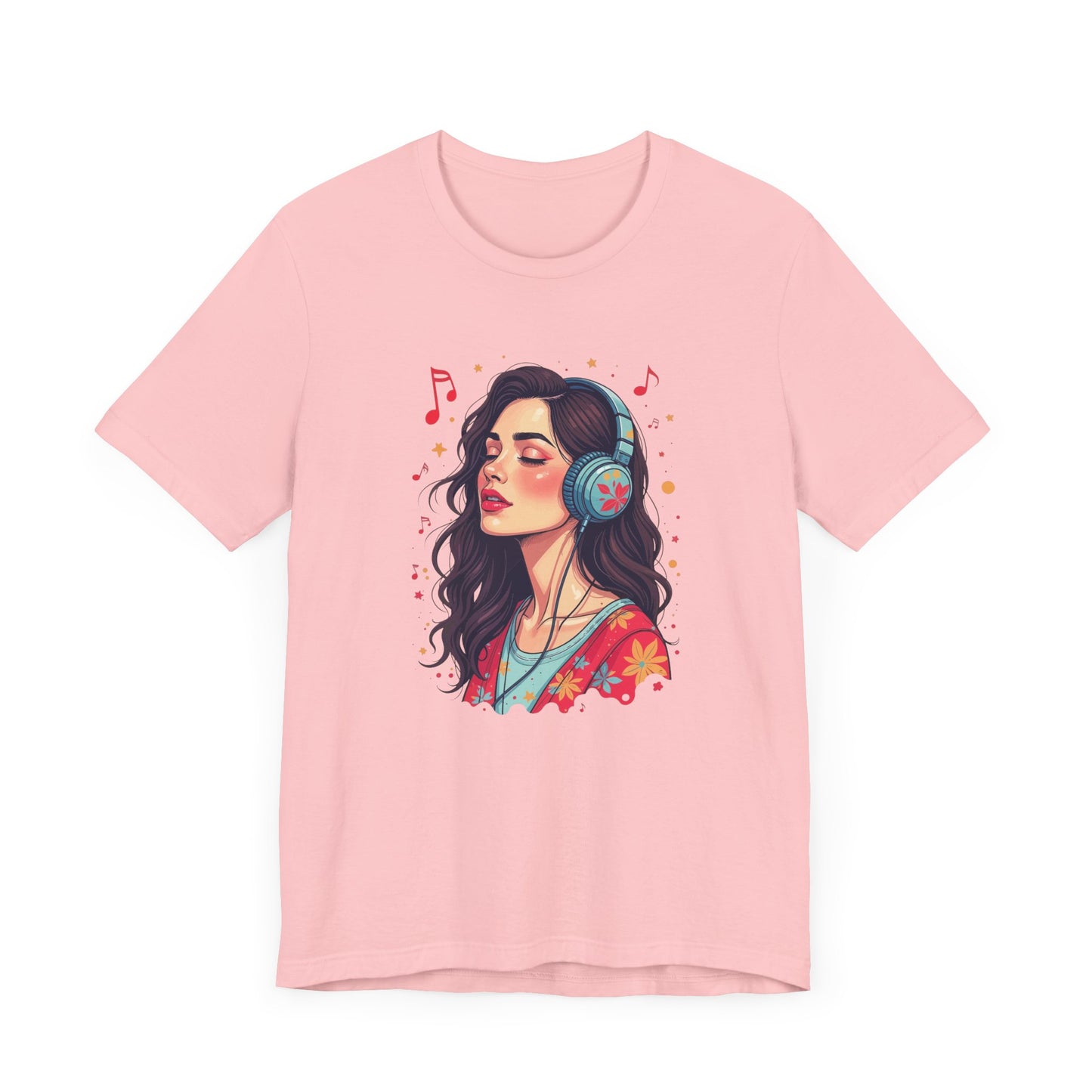 Quietly Loud – Woman with Headphones, Leaf Pattern Dress & Expressive Music Notes Graphic T-Shirt