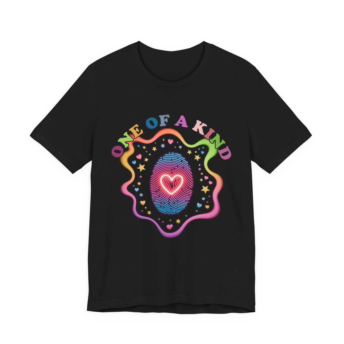One of a Kind – Embrace Your Uniqueness Colorful Abstract Embryo with Fingerprint & Glowing Heart Graphic T-Shirt