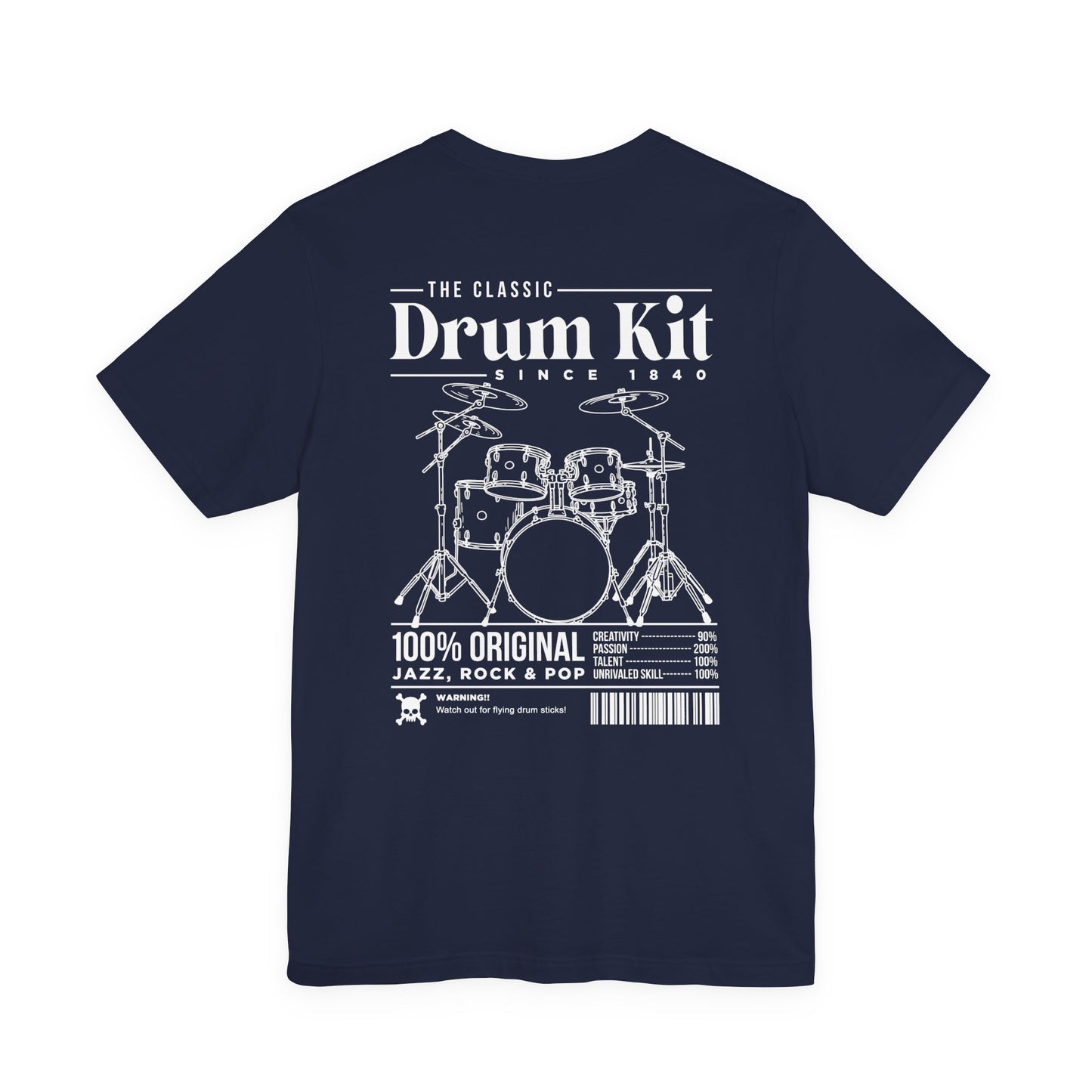 The Classic Drum Kit T-Shirt – Vintage Design with Bold Music Stats & Warning