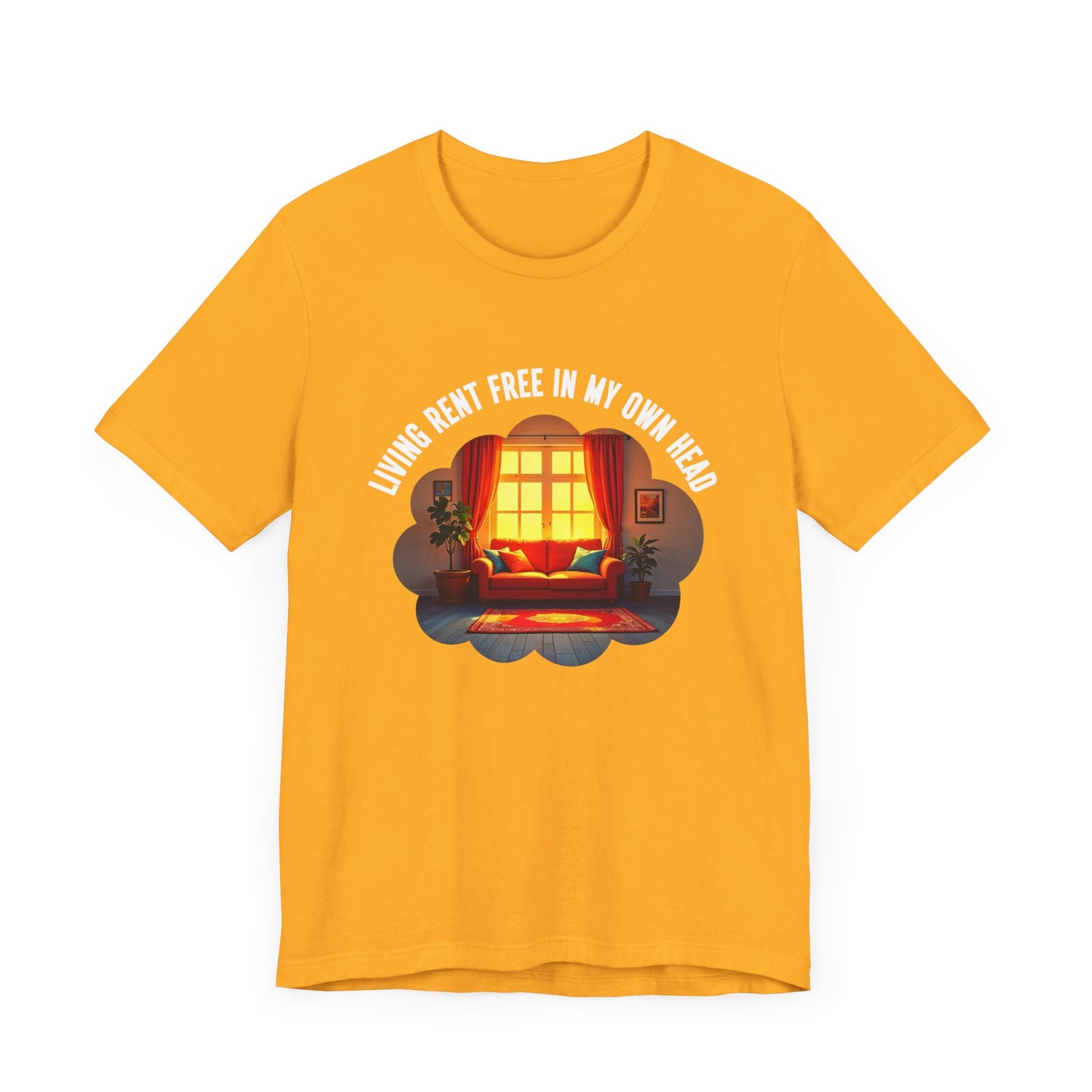 Living Rent Free in My Own Head – Cozy Living Room with Sofa & Sunlit Window Graphic T-Shirt