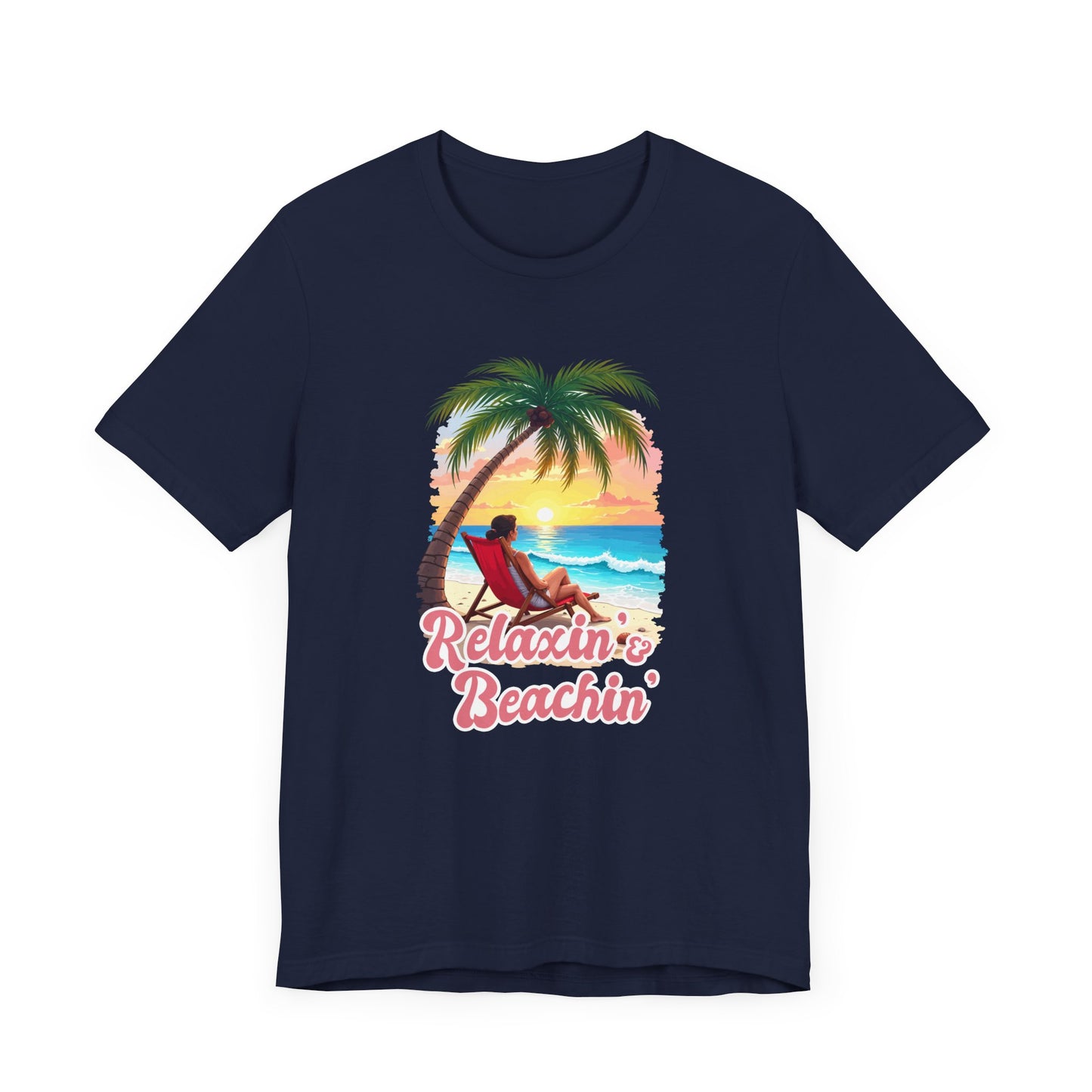 Recharge Mode Relaxin & Beachin' – Woman Lounging Under Palm Tree Beach Scene T-Shirt