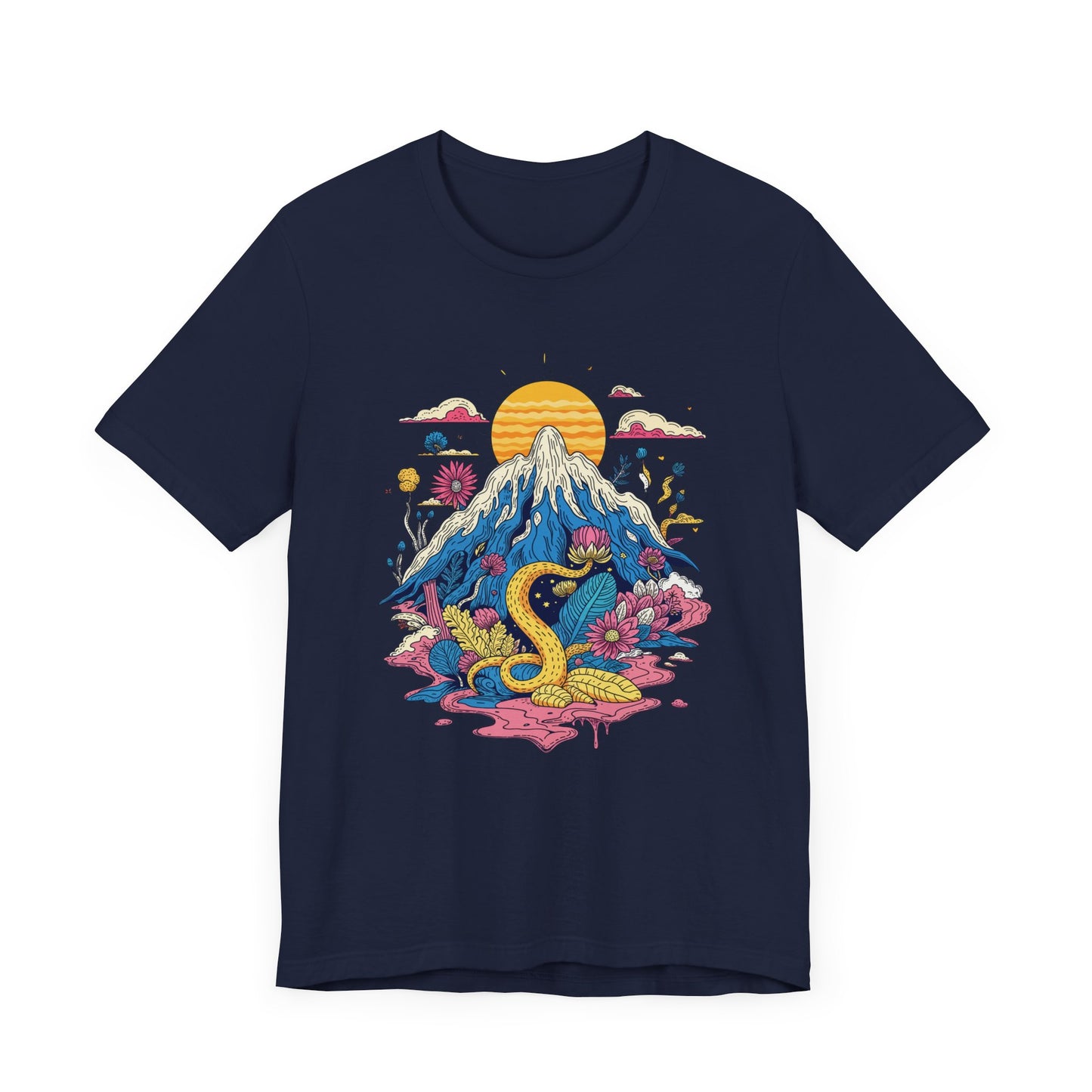 Psychological Jungle Mountain – Psychedelic Sun and Jungle Landscape Graphic T-Shirt