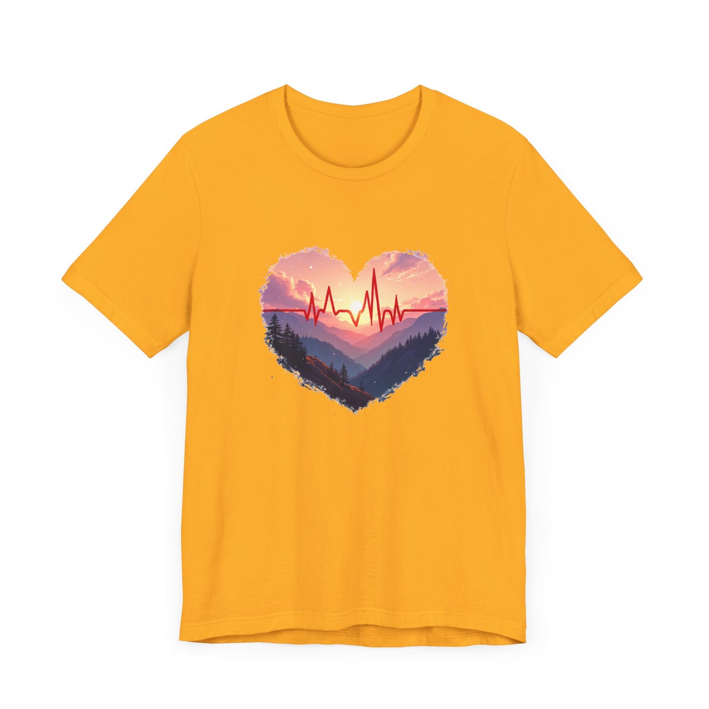 Heart-Shaped Majestic Mountains Landscape with Bold Red Lifeline Graphic T-Shirt