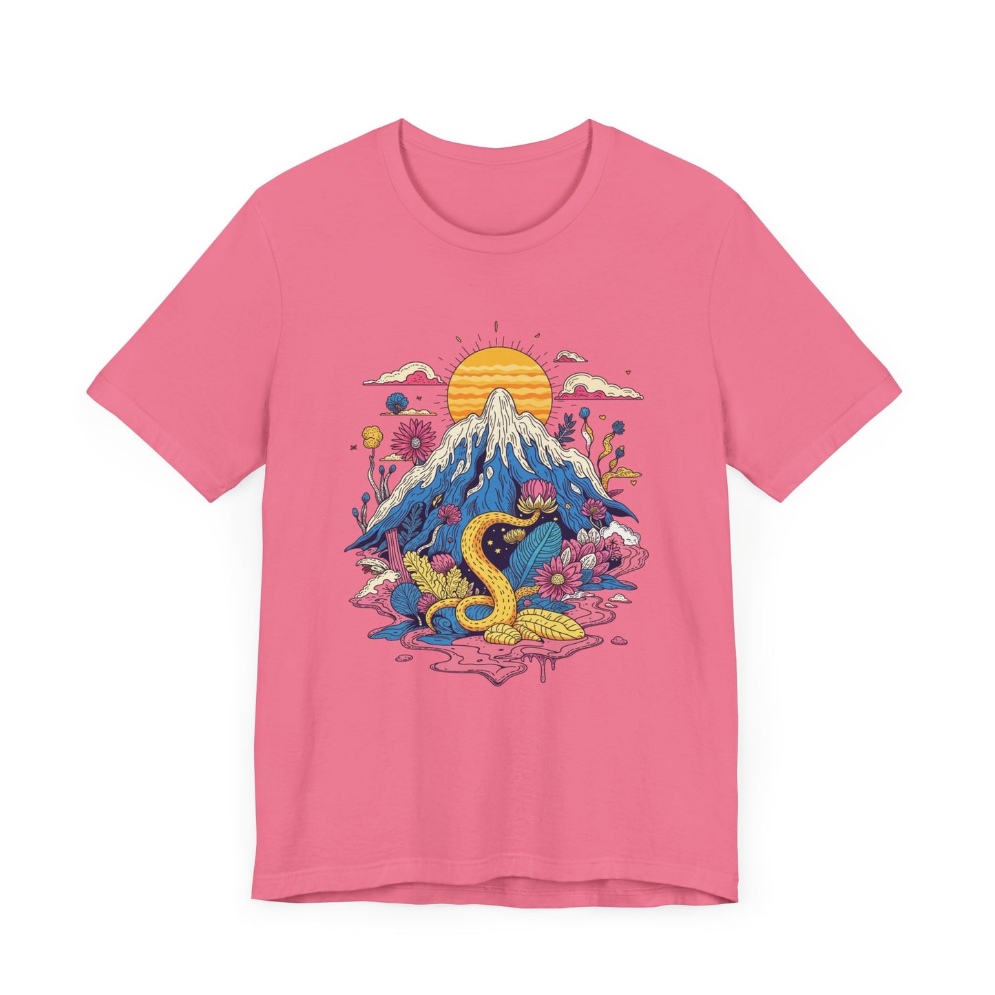 Psychological Jungle Mountain – Psychedelic Sun and Jungle Landscape Graphic T-Shirt