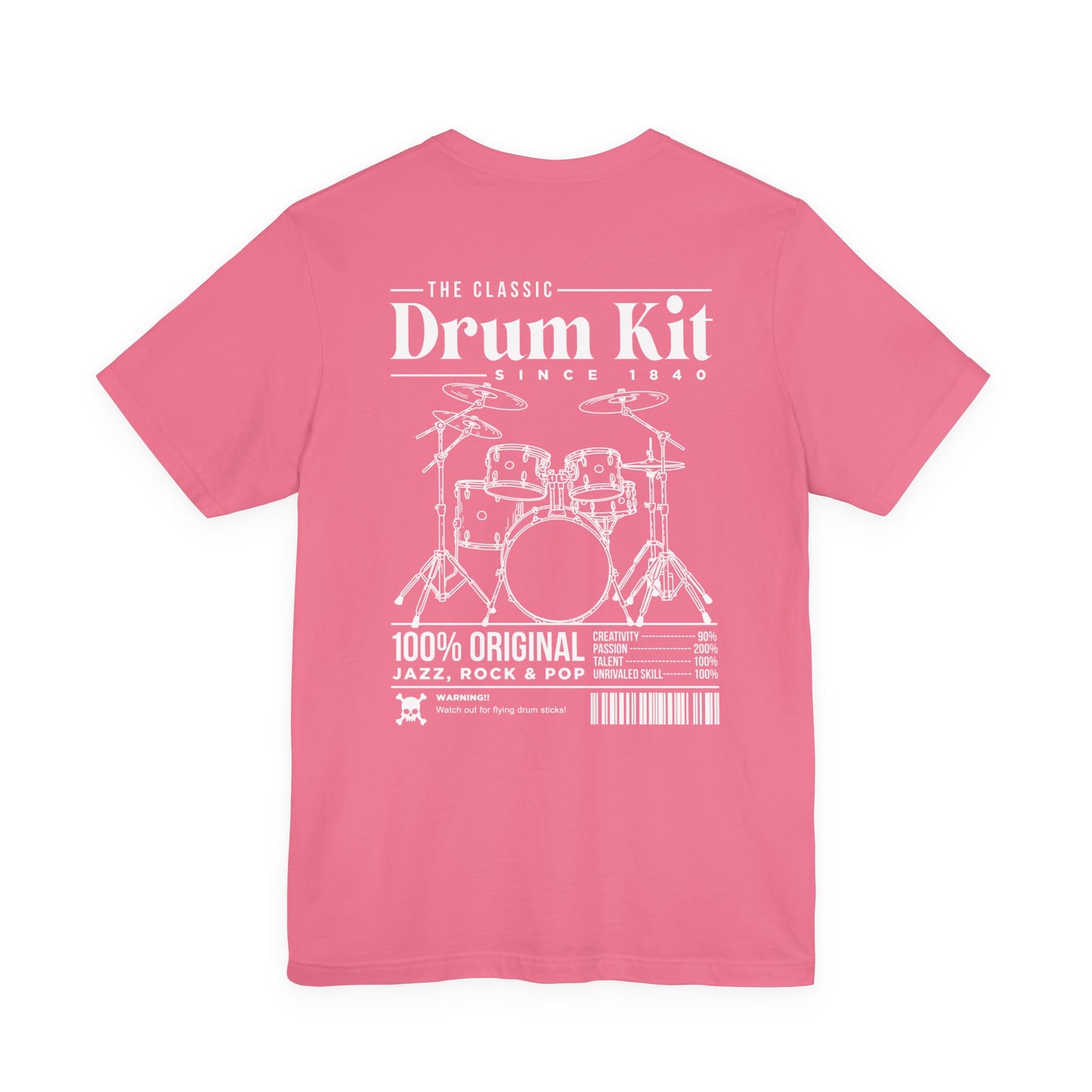 The Classic Drum Kit T-Shirt – Vintage Design with Bold Music Stats & Warning