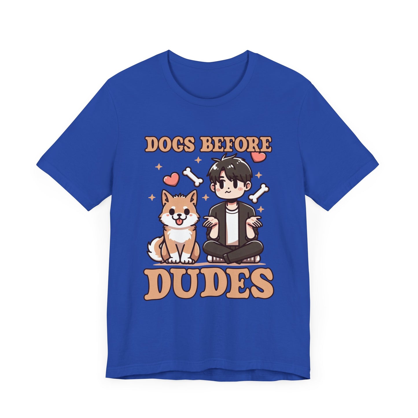 Dogs Before Dudes | Smiling Puppy & Surprised Boy with Hearts, Bones, and Stars T-Shirt