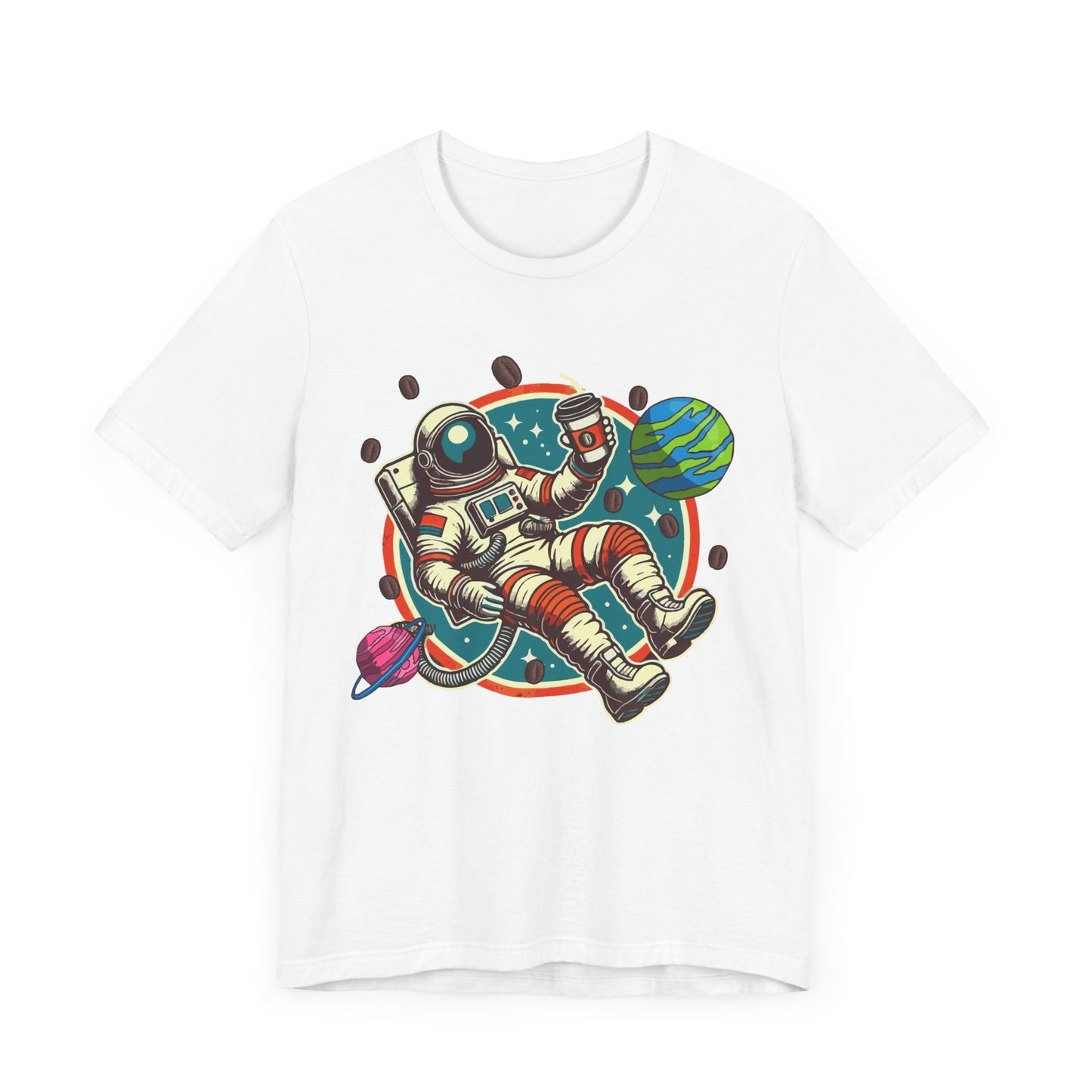 Space Coffee Break | Astronaut Floating with Coffee Cup & Planets Graphic T-Shirt