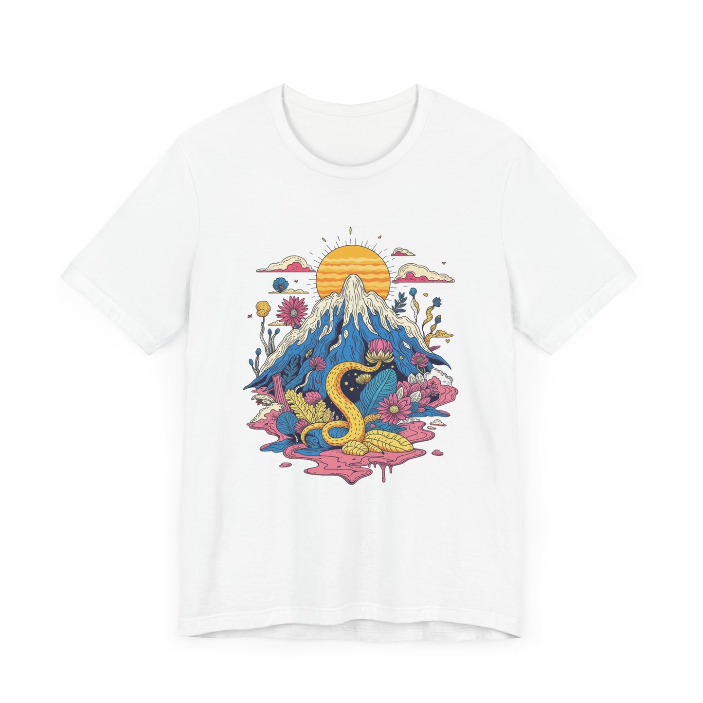 Psychological Jungle Mountain – Psychedelic Sun and Jungle Landscape Graphic T-Shirt
