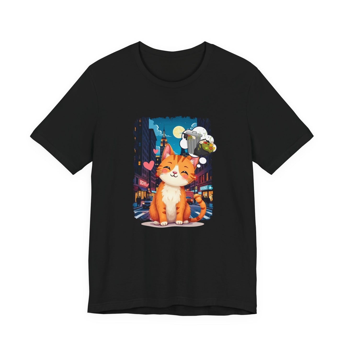 City Cat Dreams – Happy Orange Cat with Urban Garbage Thought Bubble Graphic T-Shirt