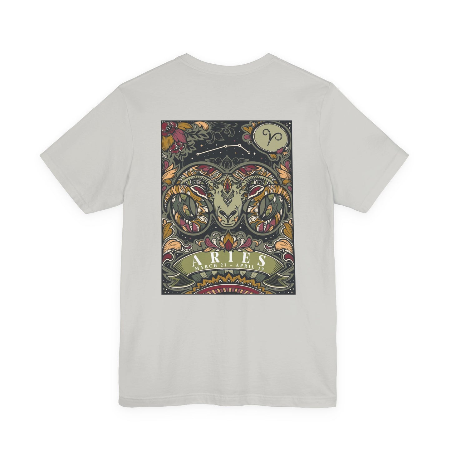 Aries Zodiac T-Shirt – Ram Head with Constellation and Floral Background