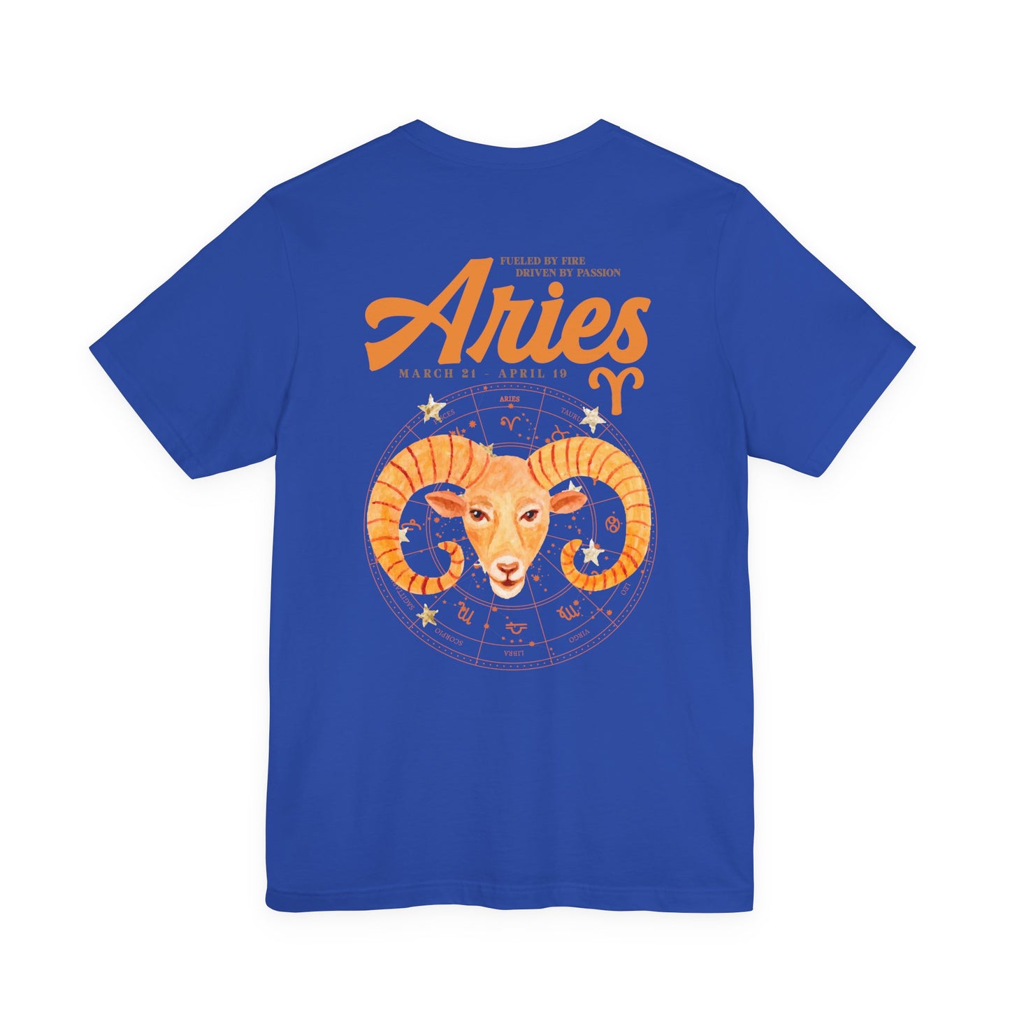 Aries Fueled by Fire T-Shirt – Ram Head with Zodiac Astrological Wheel
