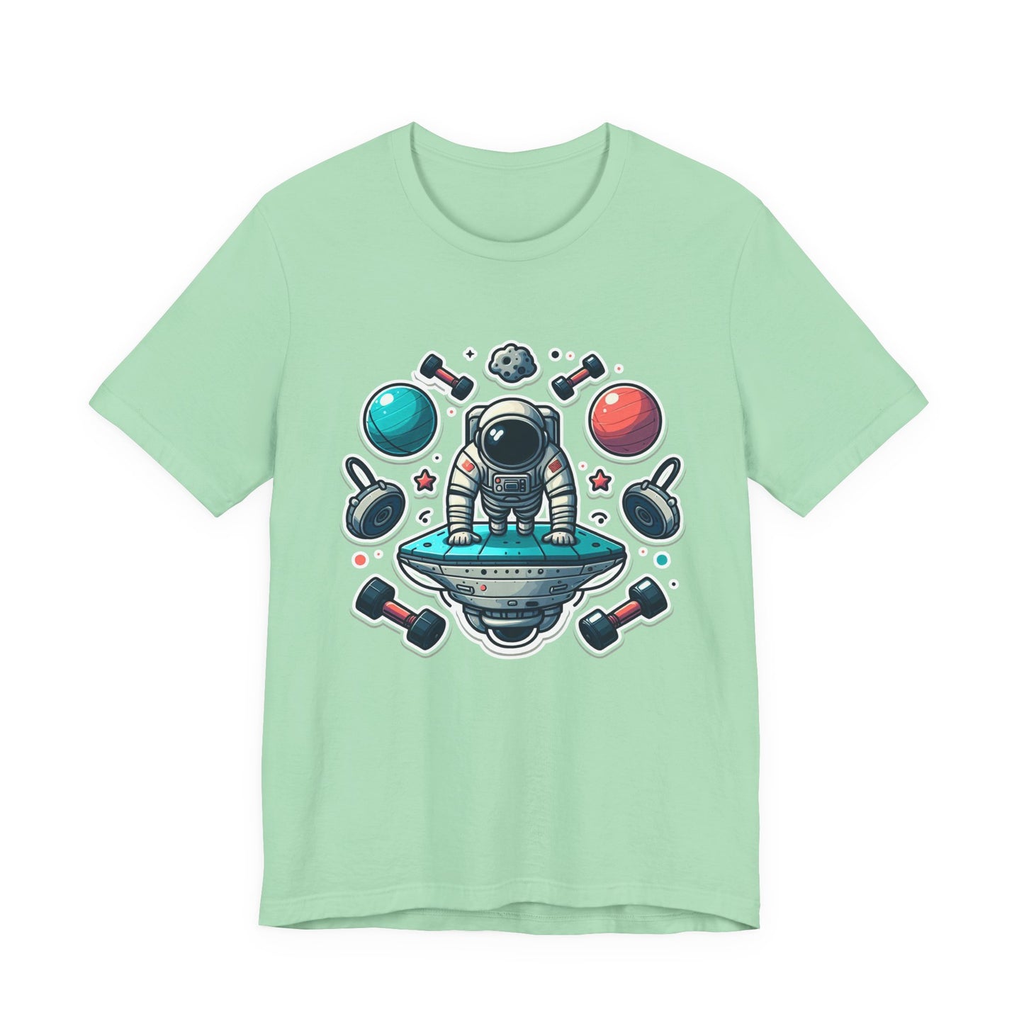 Rocket Science is My Cardio - Astronaut Doing Pushups Tshirt – Space Workout with Gadgets, Planets, and Dumbbells