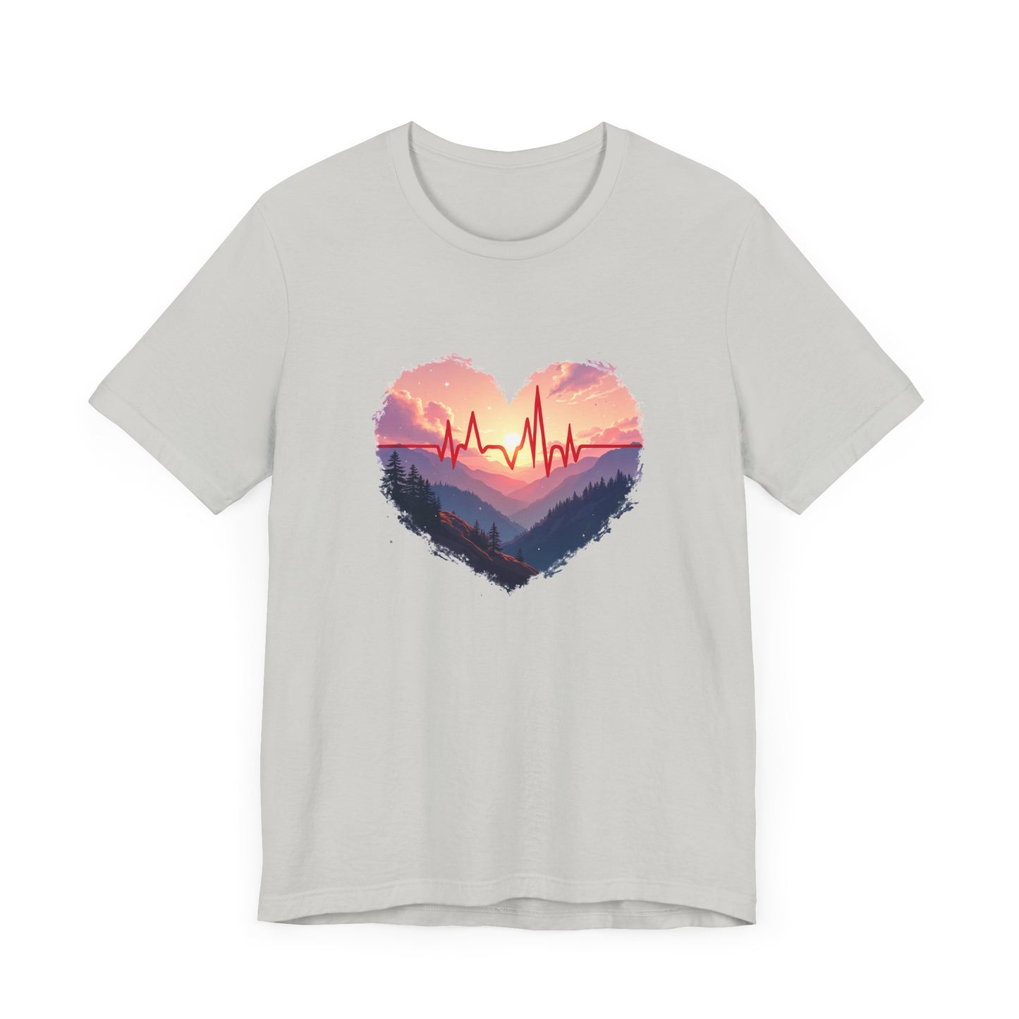 Heart-Shaped Majestic Mountains Landscape with Bold Red Lifeline Graphic T-Shirt