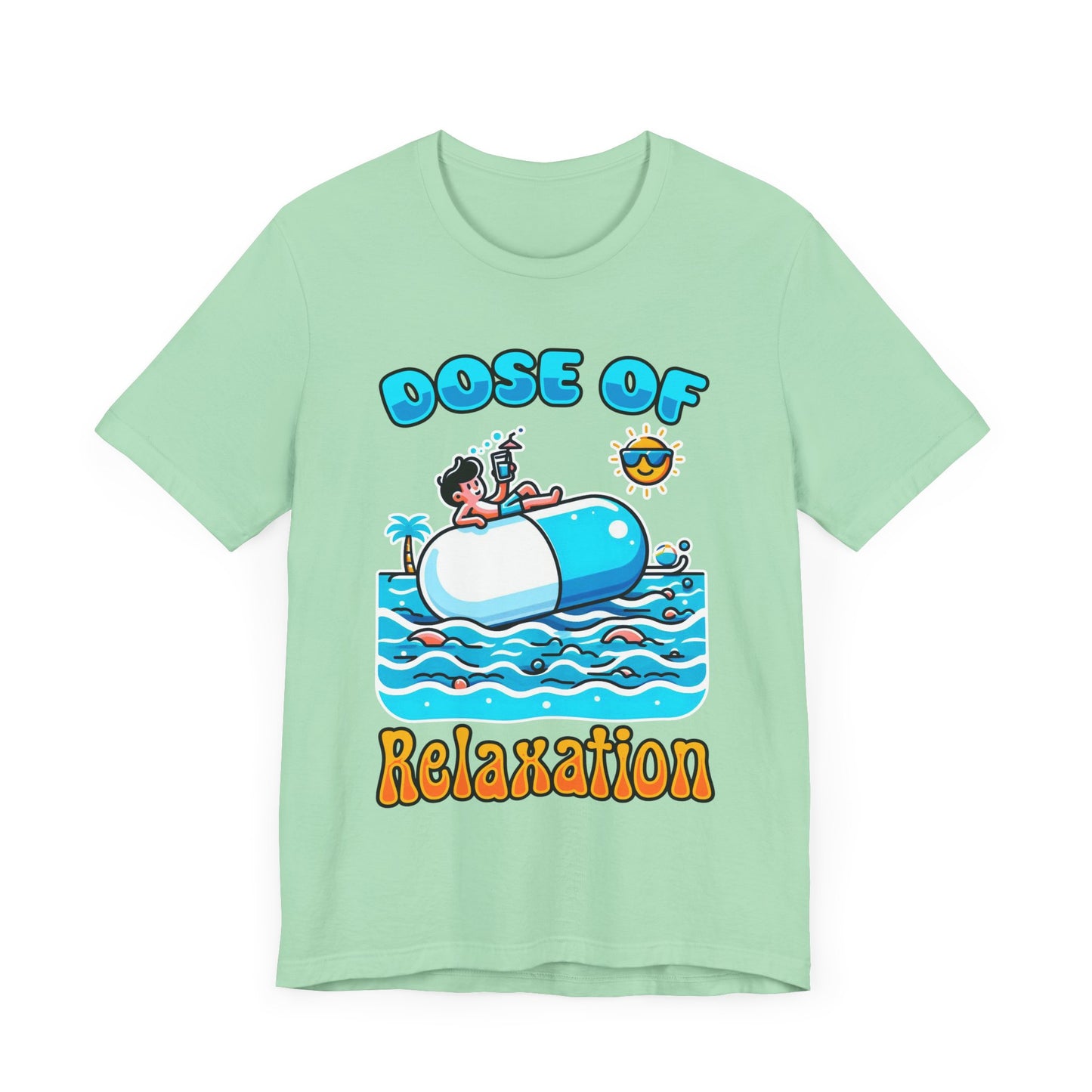 Dose of Relaxation | Boy Sitting on Pill Floating on Water with Drink, Sun & Palm Tree Graphic T-Shirt