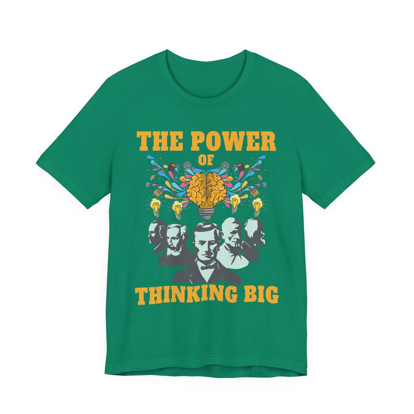 The Power of Thinking Big Tshirt – Brain with Great Scientists and Glowing Bulb Graphic