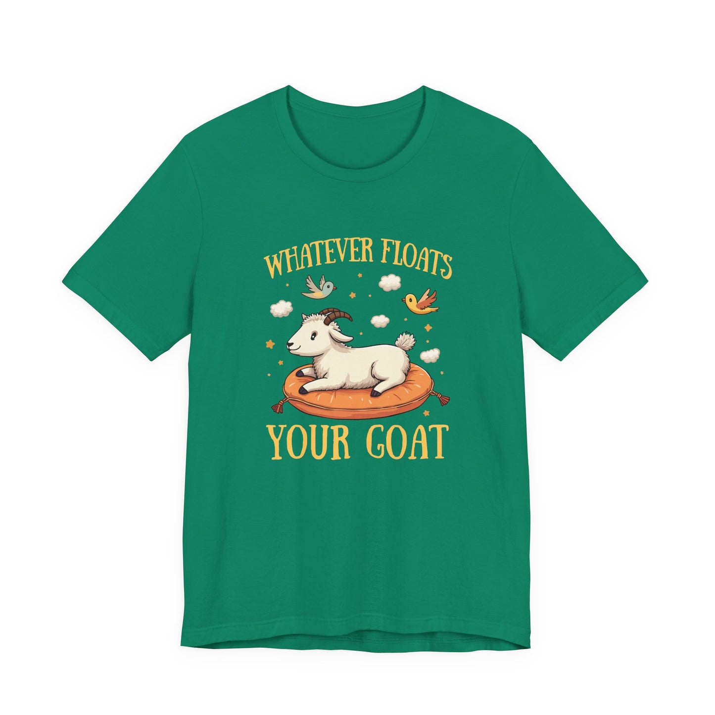 Whatever Floats Your Goat T Shirt – Happy Floating Goat with Clouds and Birds