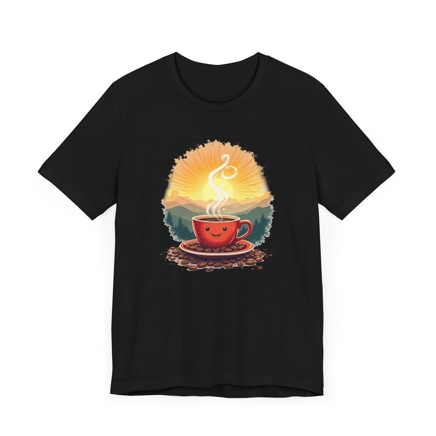 Sunrise Coffee Cup with Coffee Beans and Radiant Morning Glow Graphic T-Shirt