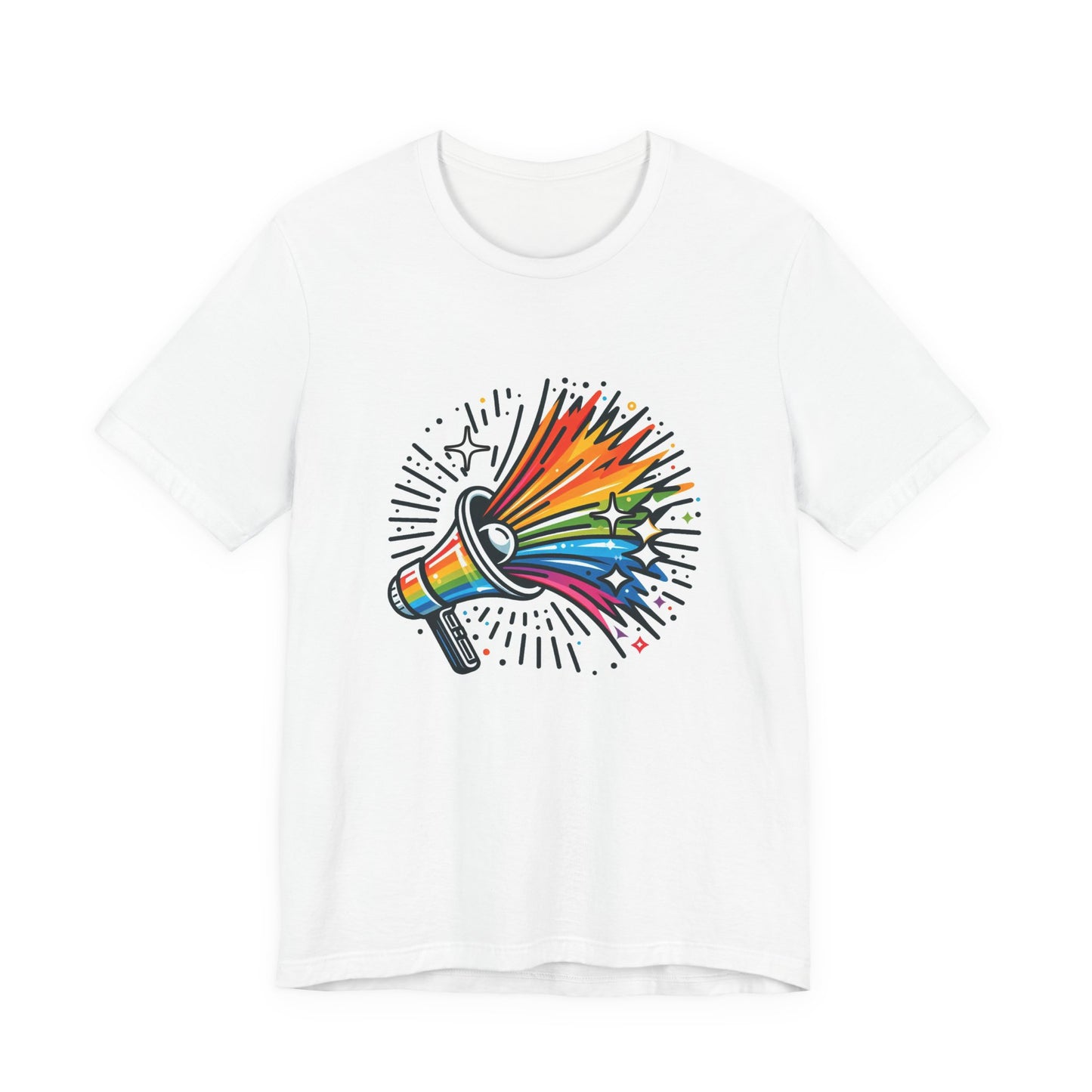 Proud & Loud – Colorful Handheld Speaker with Exploding Stars Graphic T-Shirt