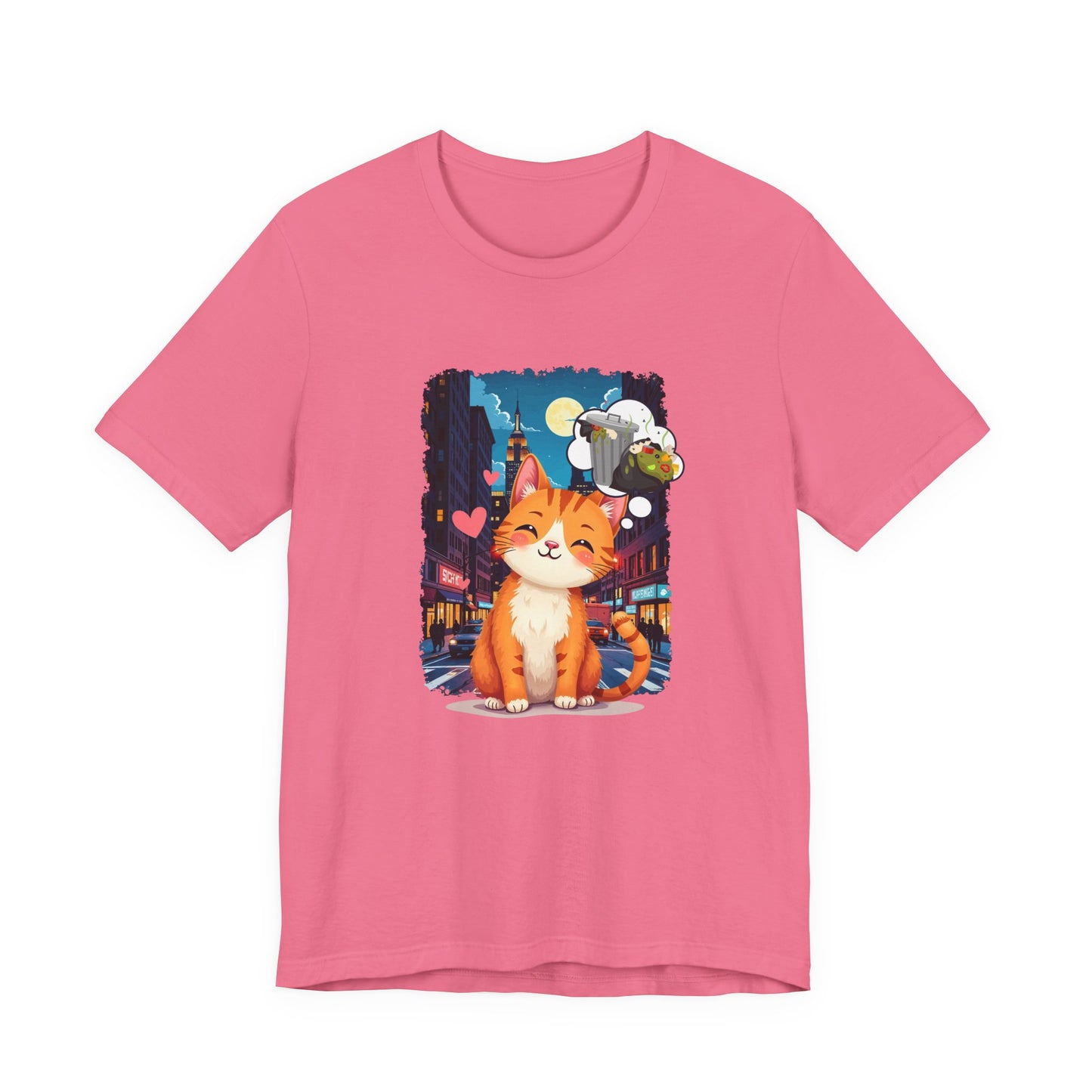 City Cat Dreams – Happy Orange Cat with Urban Garbage Thought Bubble Graphic T-Shirt