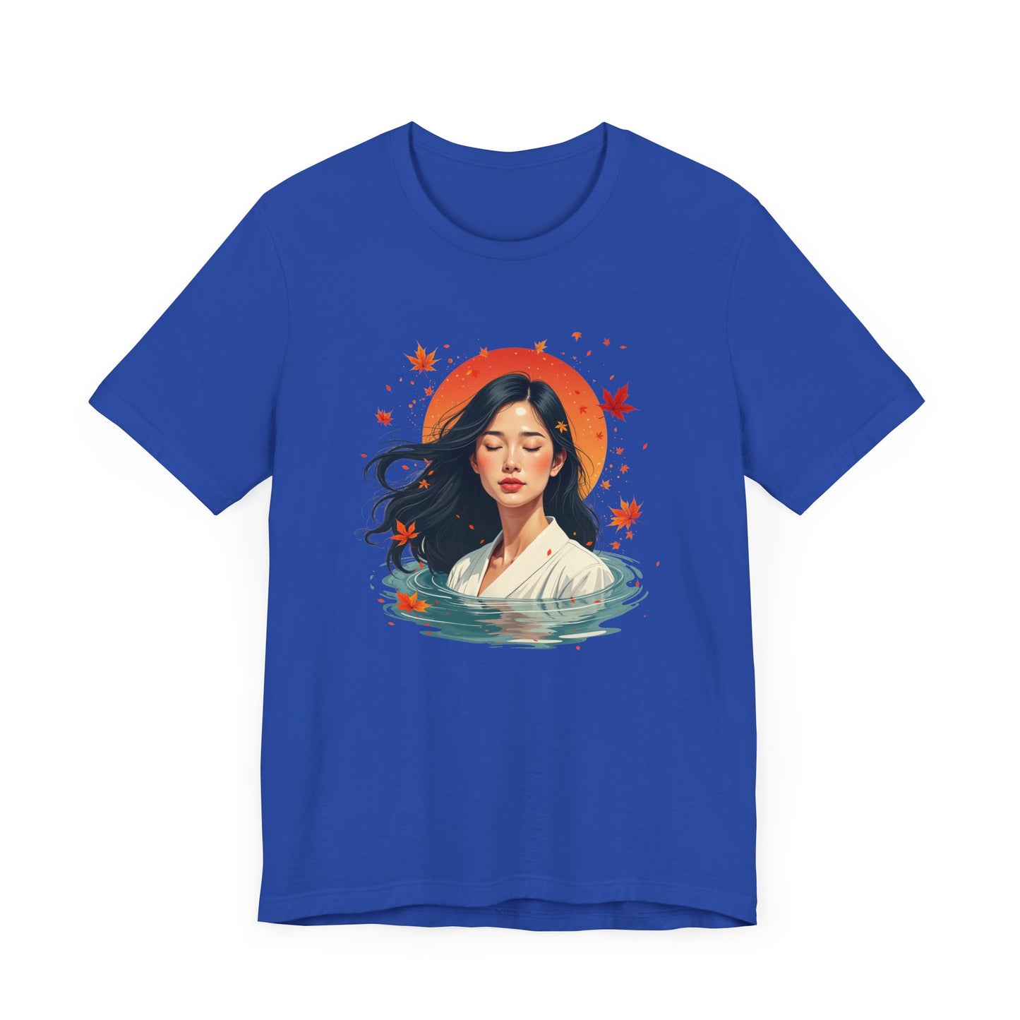 Serene Woman in White Dress Chest-Deep in Water with Sunset and Falling Leaves Graphic T-Shirt