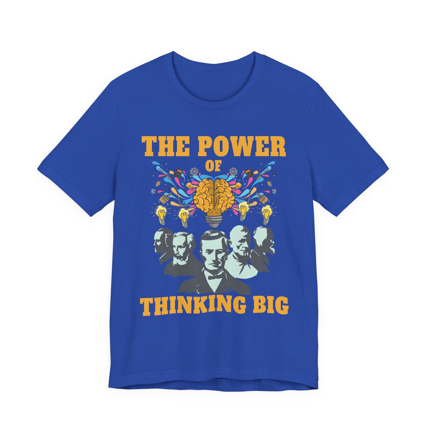 The Power of Thinking Big Tshirt – Brain with Great Scientists and Glowing Bulb Graphic