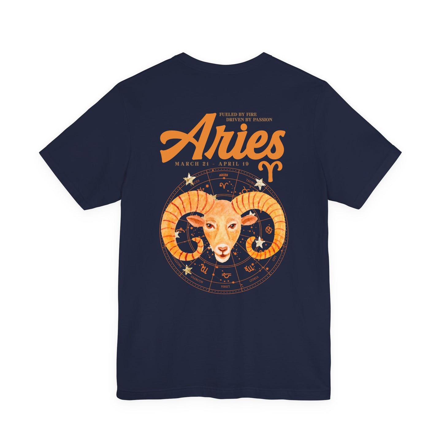 Aries Fueled by Fire T-Shirt – Ram Head with Zodiac Astrological Wheel
