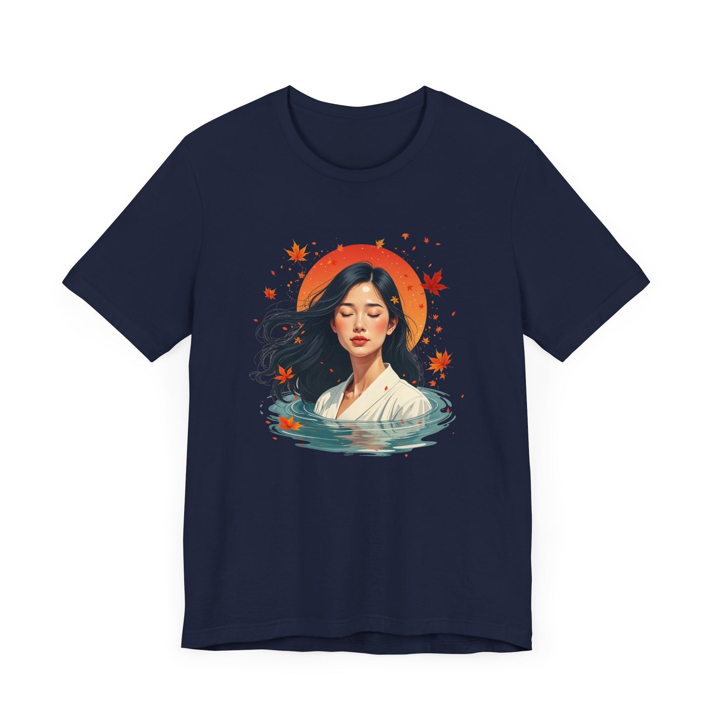 Serene Woman in White Dress Chest-Deep in Water with Sunset and Falling Leaves Graphic T-Shirt