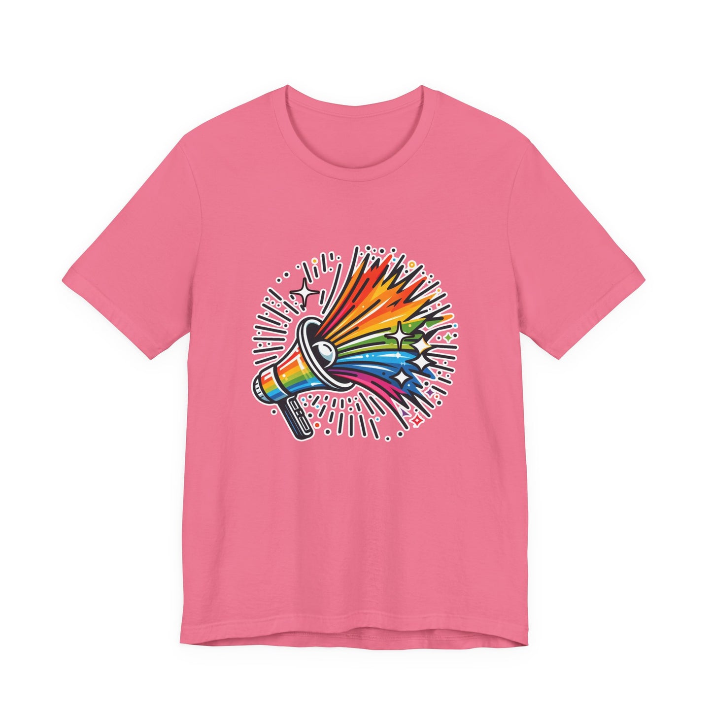 Proud & Loud – Colorful Handheld Speaker with Exploding Stars Graphic T-Shirt