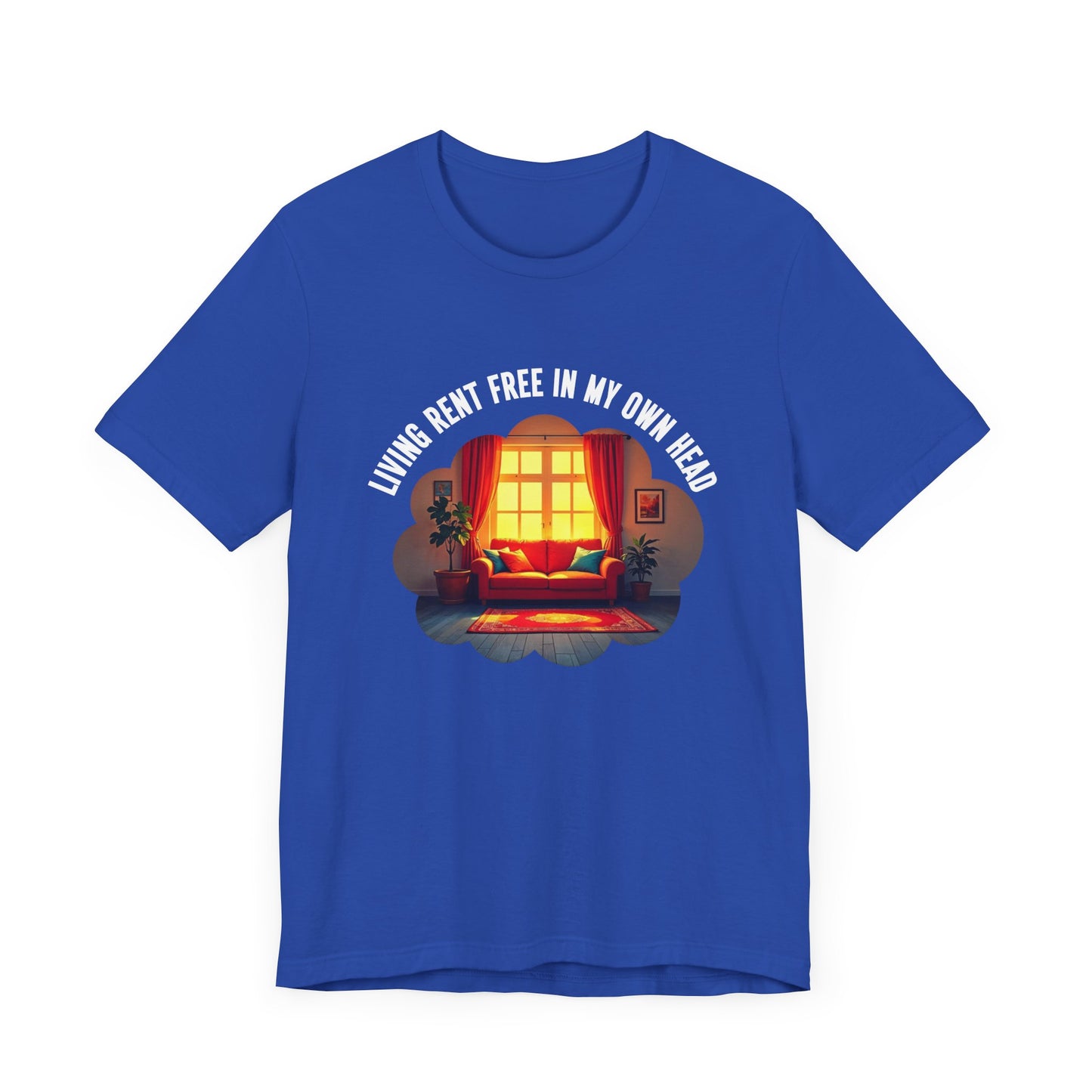Living Rent Free in My Own Head – Cozy Living Room with Sofa & Sunlit Window Graphic T-Shirt