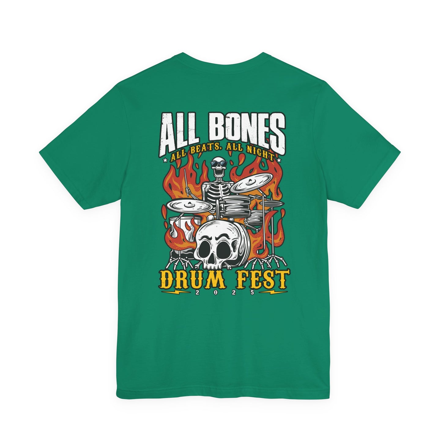 All Bones Drum Fest 2025 T-Shirt – Skeleton Drummer Fiery Rock Design