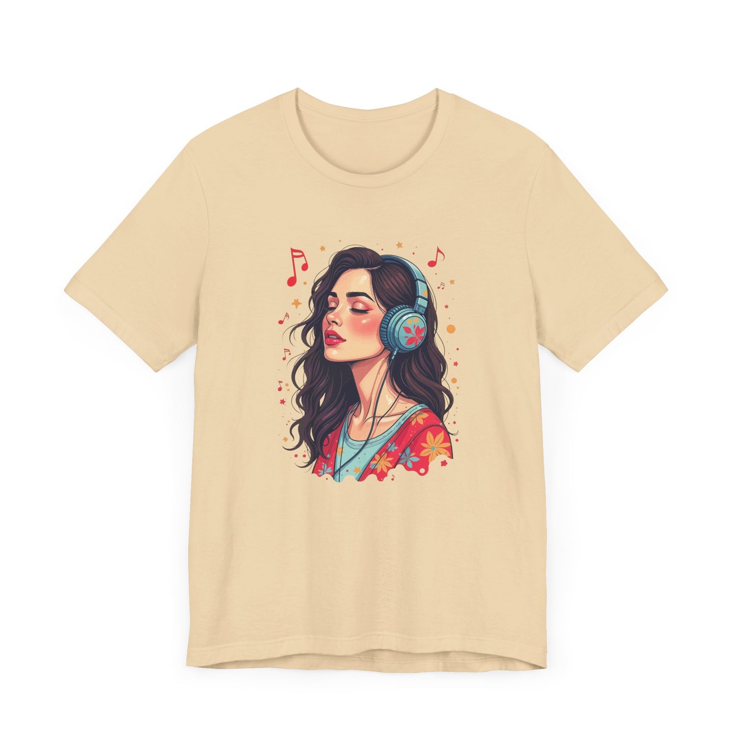 Quietly Loud – Woman with Headphones, Leaf Pattern Dress & Expressive Music Notes Graphic T-Shirt