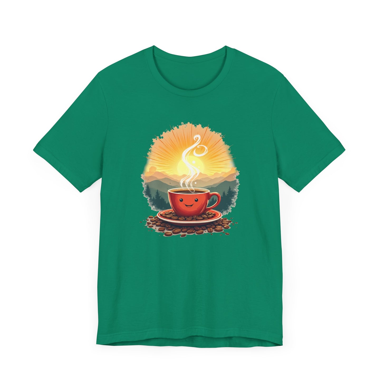 Sunrise Coffee Cup with Coffee Beans and Radiant Morning Glow Graphic T-Shirt