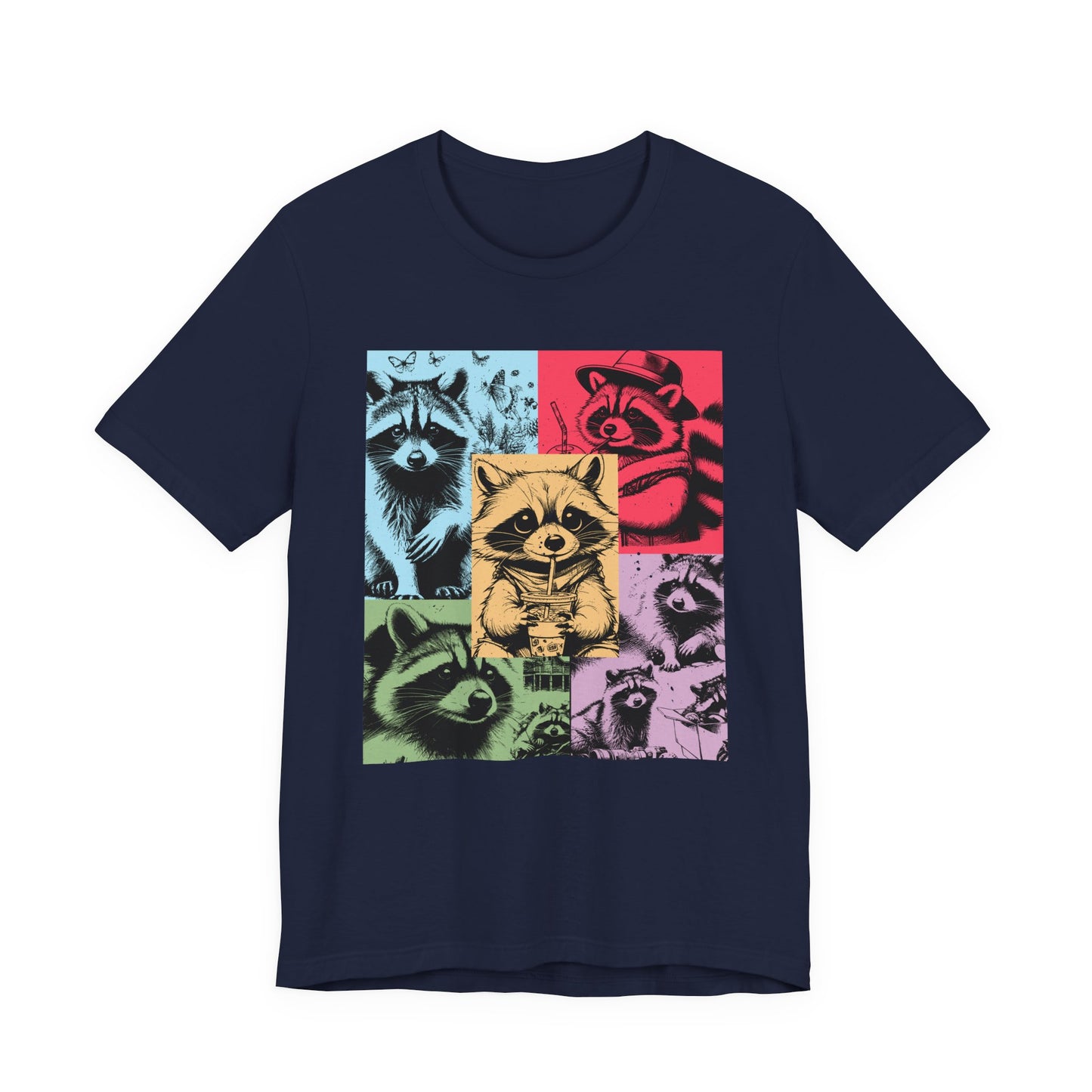 Colorful Raccoons T-Shirt – Playful Multi-Color Raccoons with Sipping Raccoon Graphic