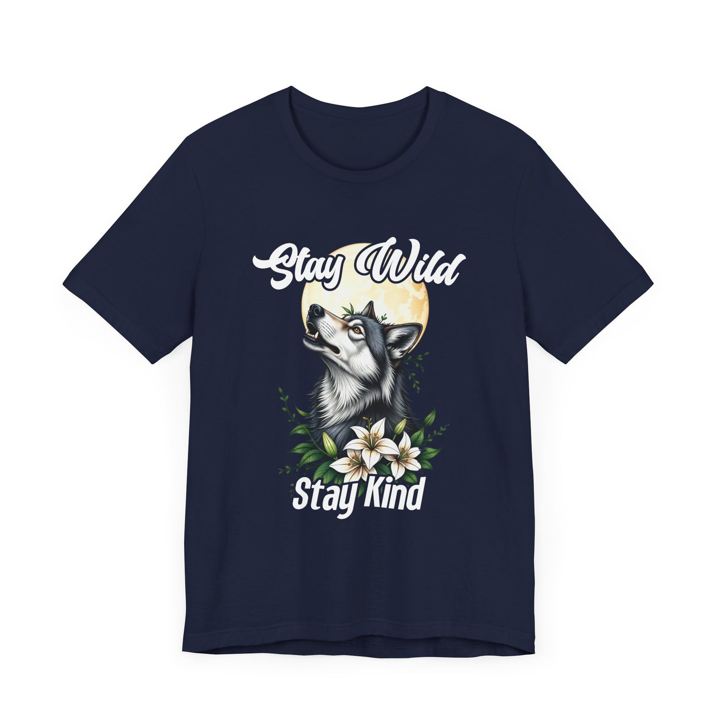 Stay Wild Stay Kind Wolf T-Shirt – Moon and Flower Nature Graphic