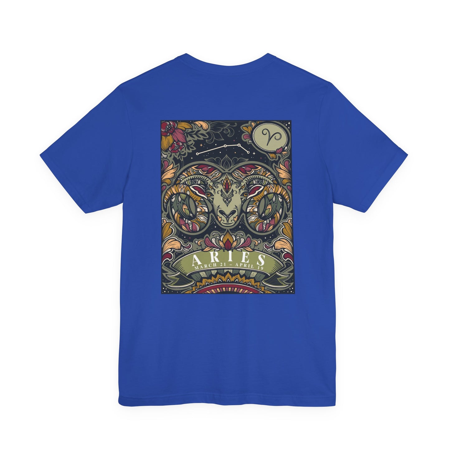 Aries Zodiac T-Shirt – Ram Head with Constellation and Floral Background